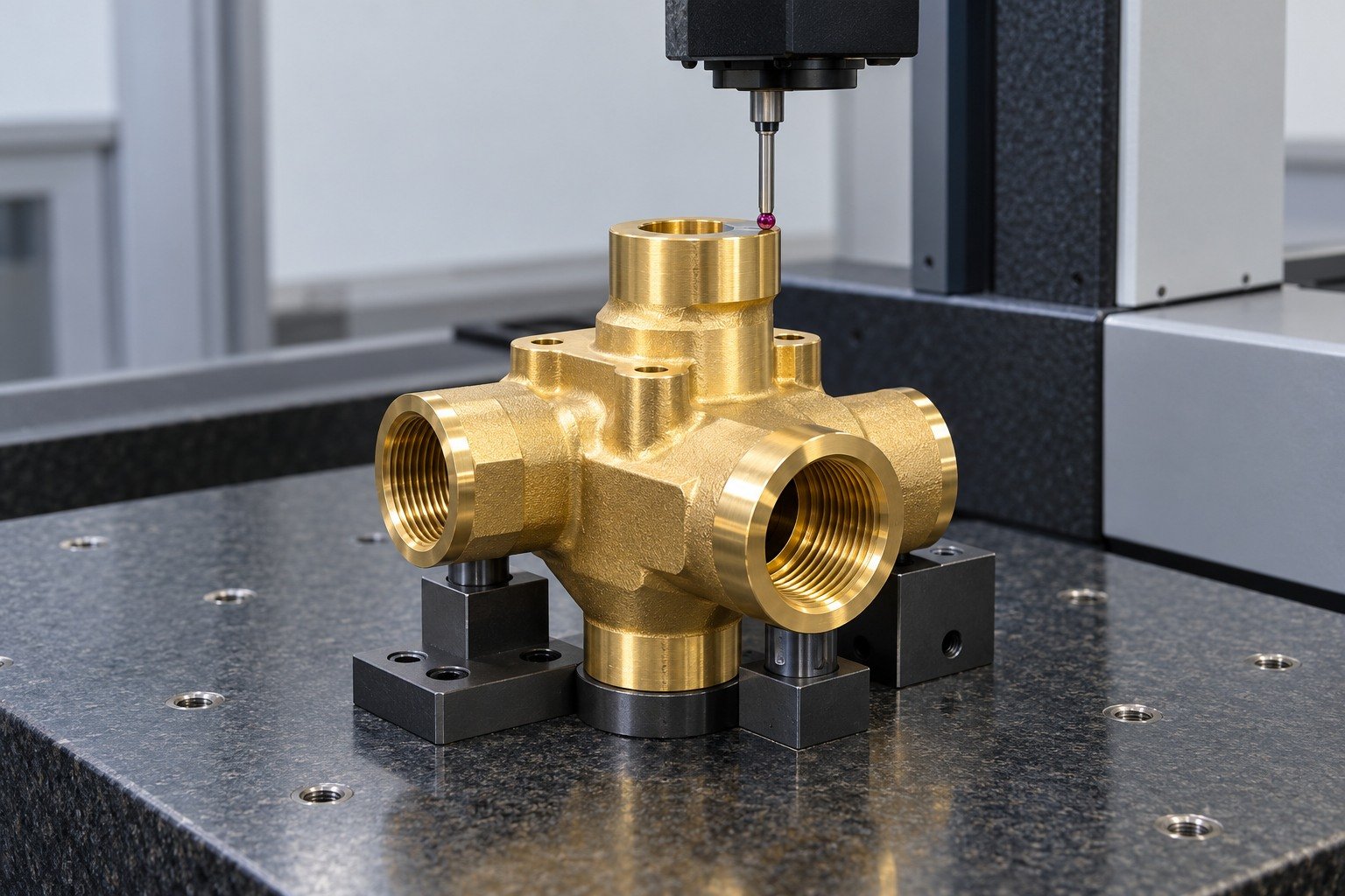 Brass manifold dimensional inspection concept — illustrative generated component concept