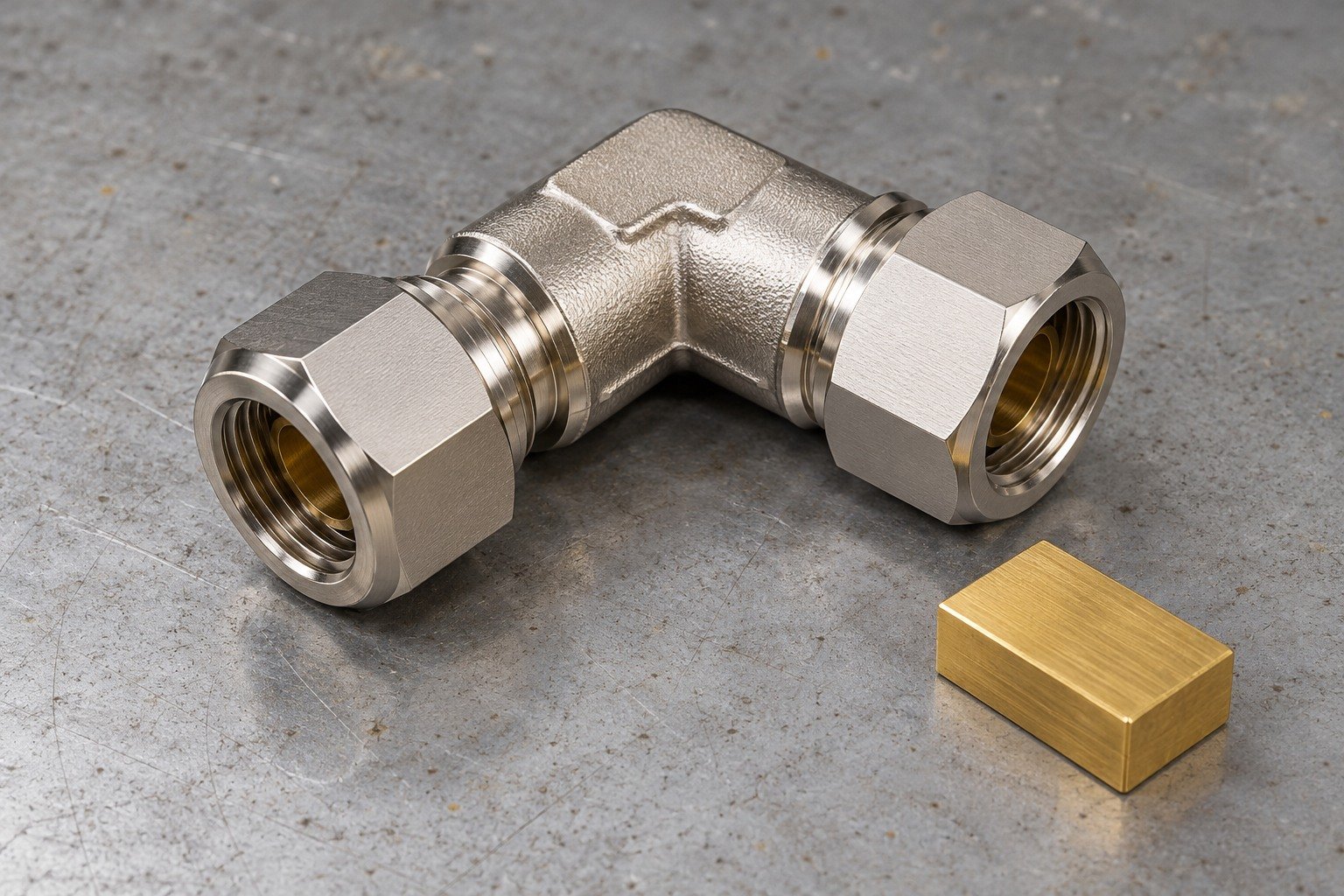 Nickel-plated brass angle connector concept — illustrative generated component concept