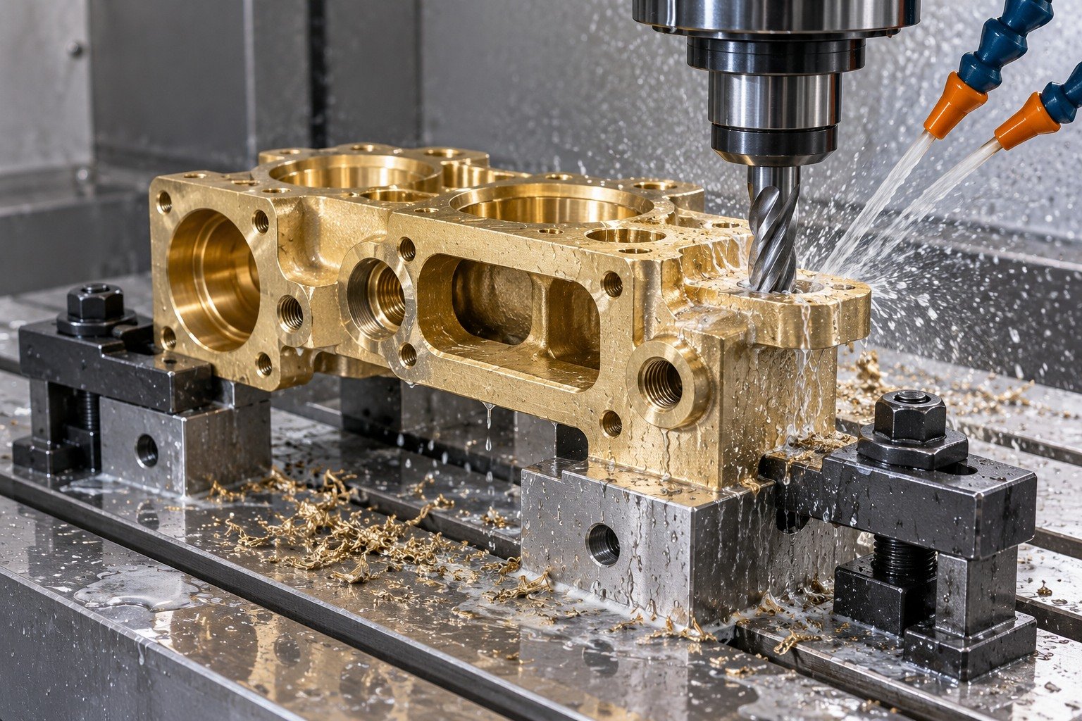 Milling a brass mounting pad concept — illustrative generated component concept