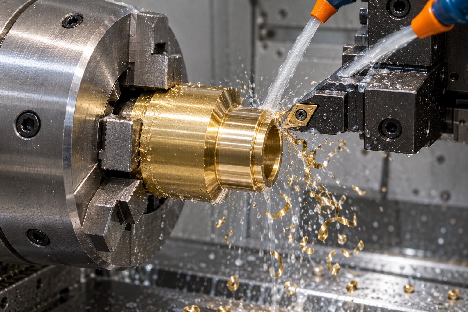 Wet turning a brass adapter concept — illustrative generated component concept