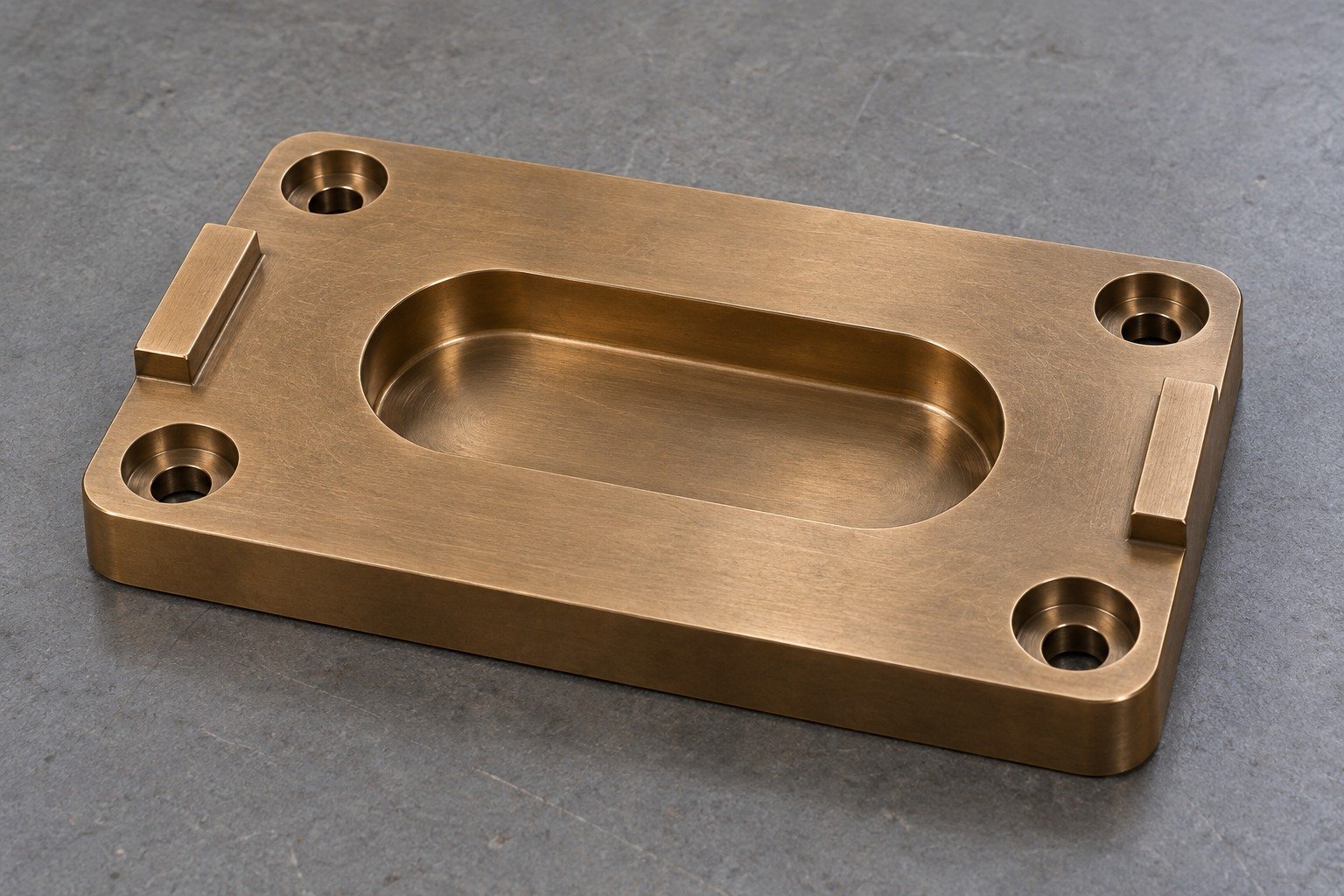 Bronze wear-plate concept with oil recess and mounting features — illustrative generated component concept