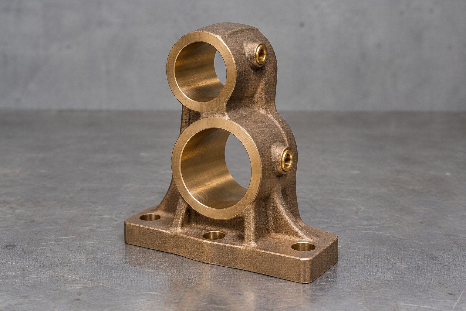 Illustrative upright bronze carrier with stacked bearing bores and oil ports