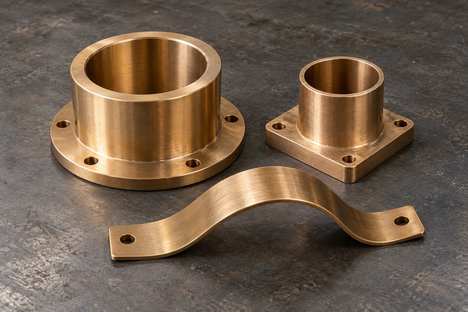 Bronze bearing, sleeve and curved strip concepts — illustrative generated component concept