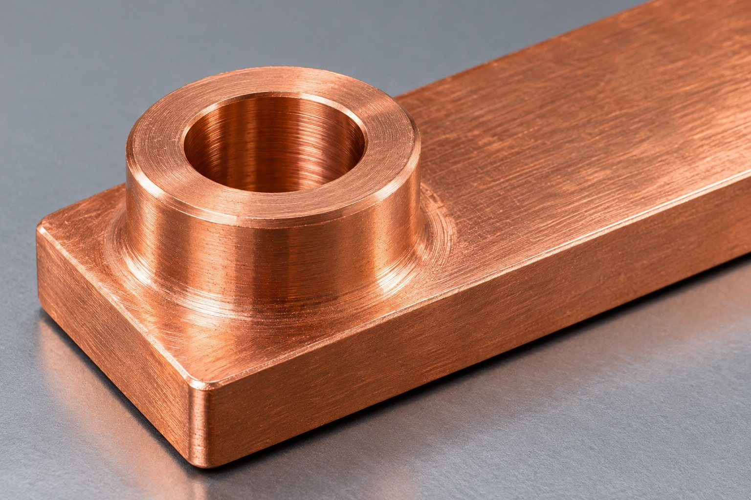 Hole entrance and edge-break review on a copper busbar — illustrative generated component concept
