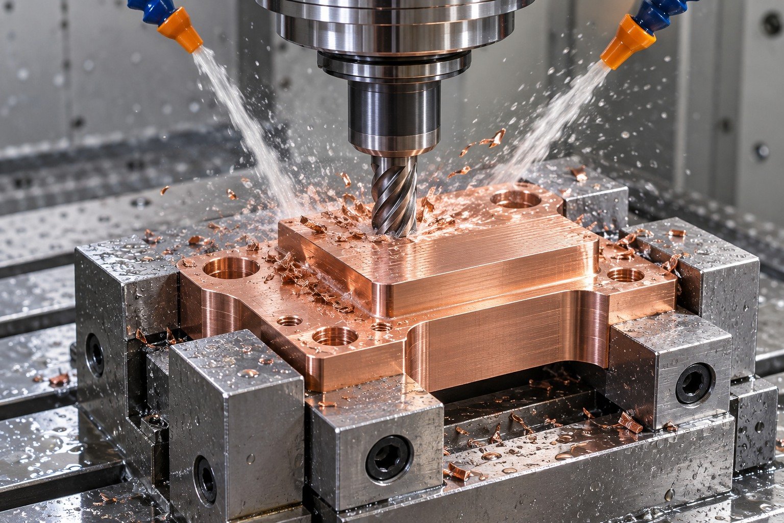 Wet CNC milling of a copper terminal mounting land — illustrative generated component concept