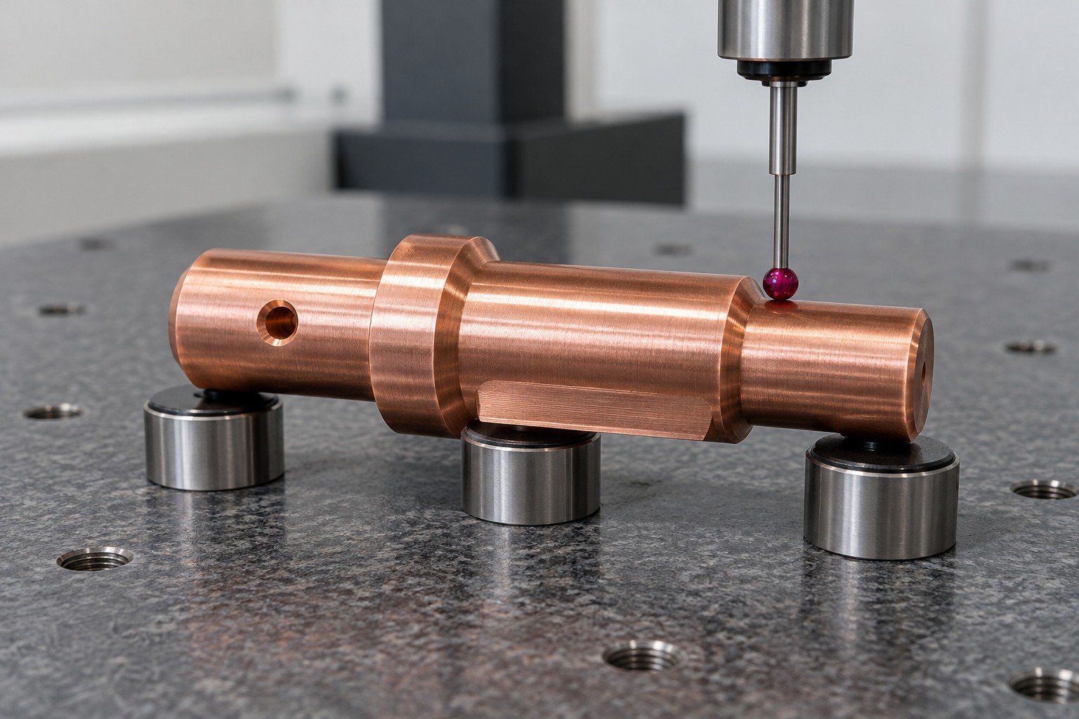 Datum inspection of a C110 copper reference cross bored contact pin — illustrative generated component concept