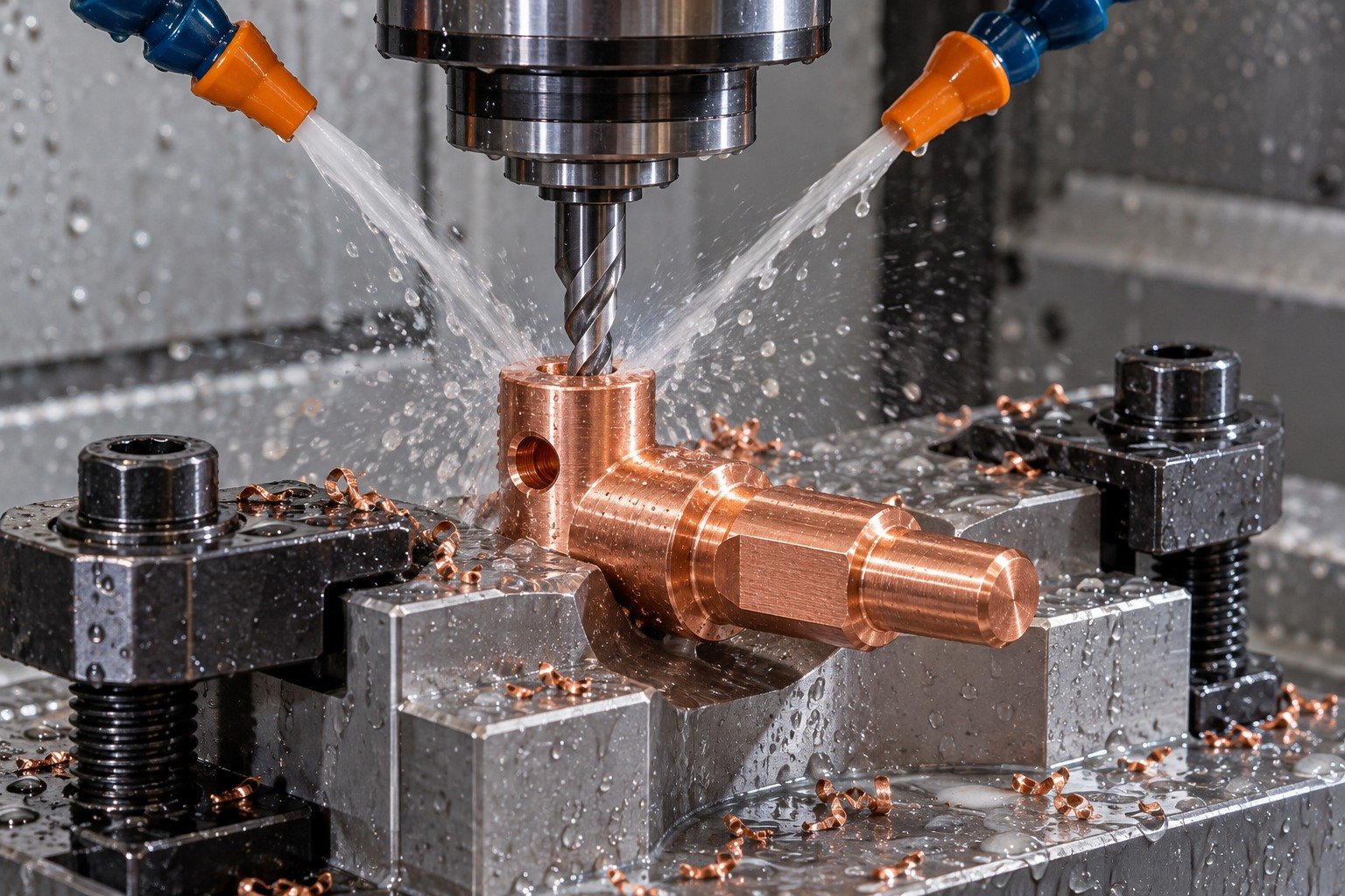 Wet CNC machining of a supported C110 copper reference cross bored contact pin — illustrative generated component concept