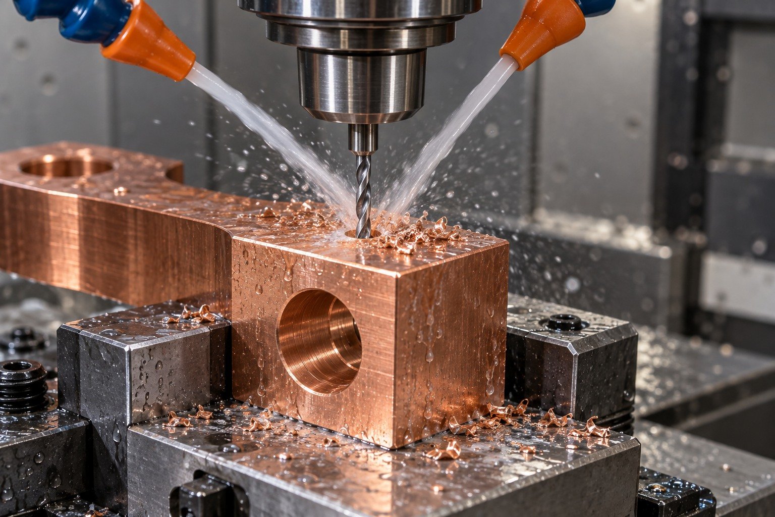 Supported cross-hole drilling in a copper connector block with cutting fluid — illustrative generated component concept