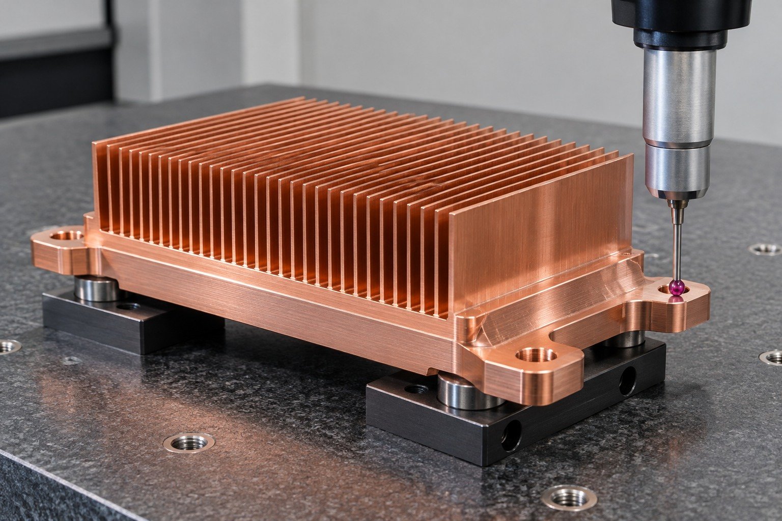 Final mounting-datum inspection of a copper finned component — illustrative generated component concept