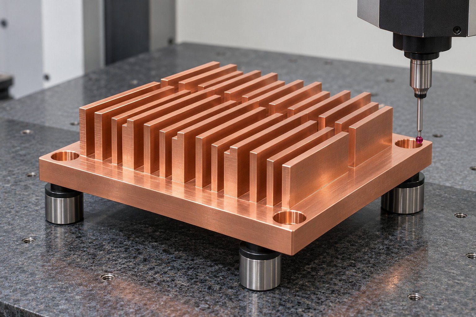 Datum inspection of a C110 copper reference finned heat spreader — illustrative generated component concept