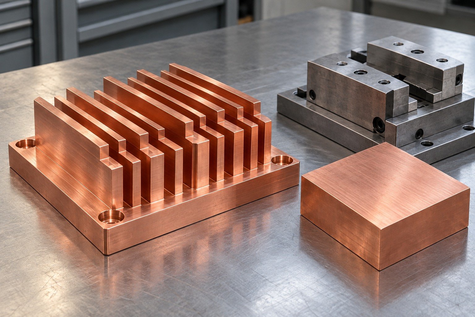 C110 copper reference finned heat spreader with separate stock and support fixture — illustrative generated component concept
