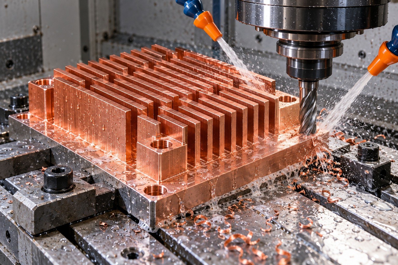 Wet CNC machining of a supported C110 copper reference finned heat spreader — illustrative generated component concept