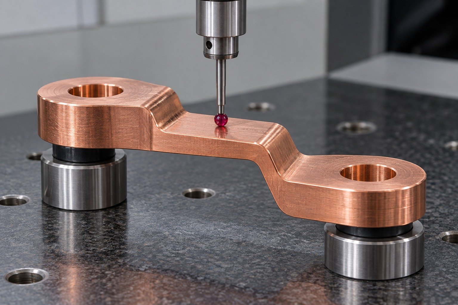 First-sample datum inspection of a copper offset terminal — illustrative generated component concept