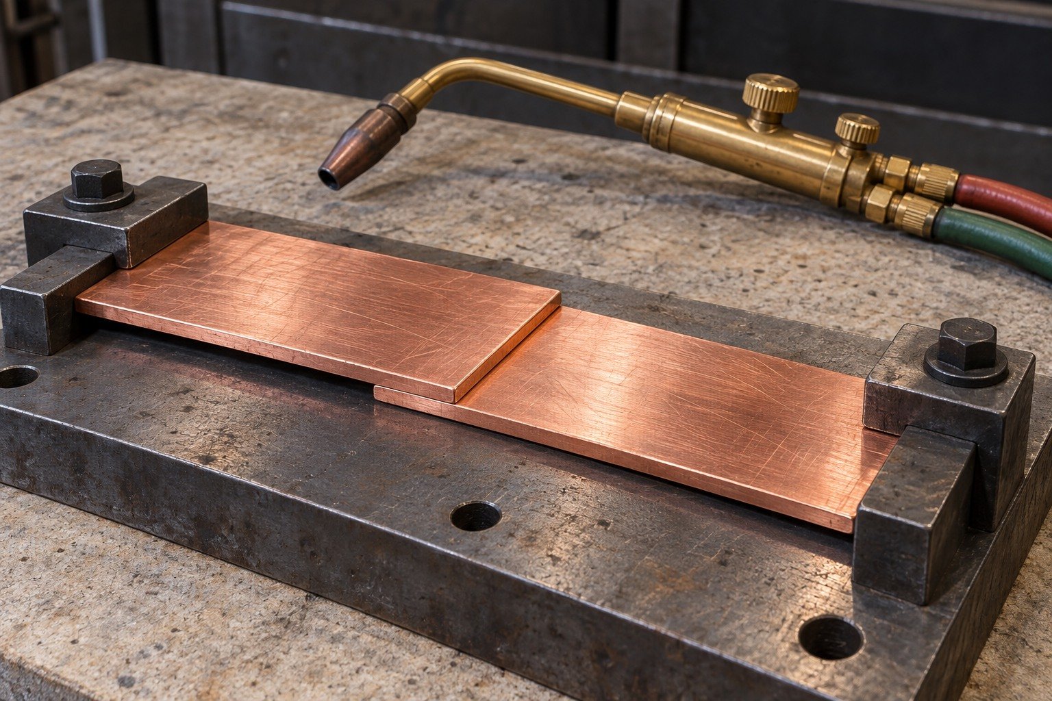 Copper lap-joint preparation with a fixture and inactive brazing torch — illustrative generated component concept
