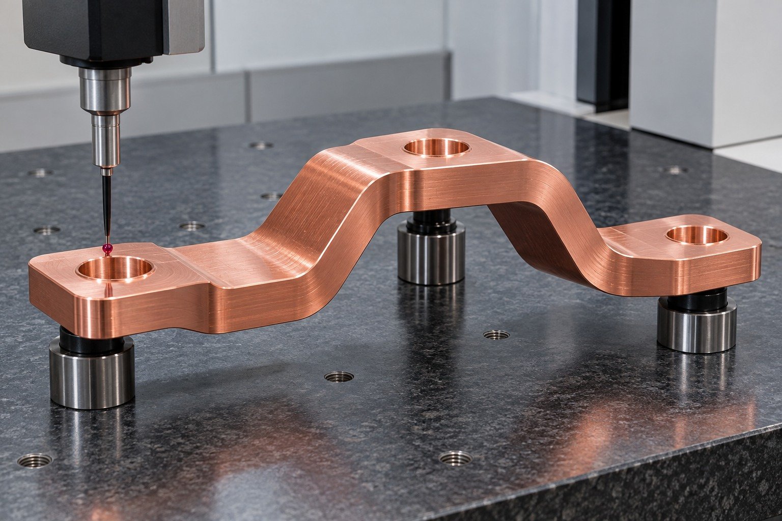 Final locating-datum inspection of a copper offset busbar — illustrative generated component concept