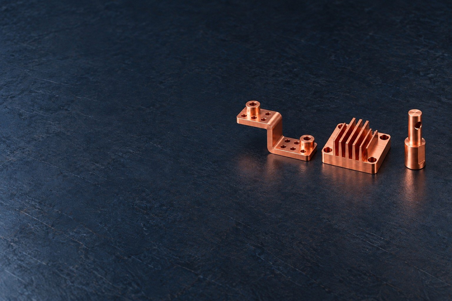 Red copper offset busbar, finned heat-spreader block and cross-bored contact pin — illustrative generated component concept
