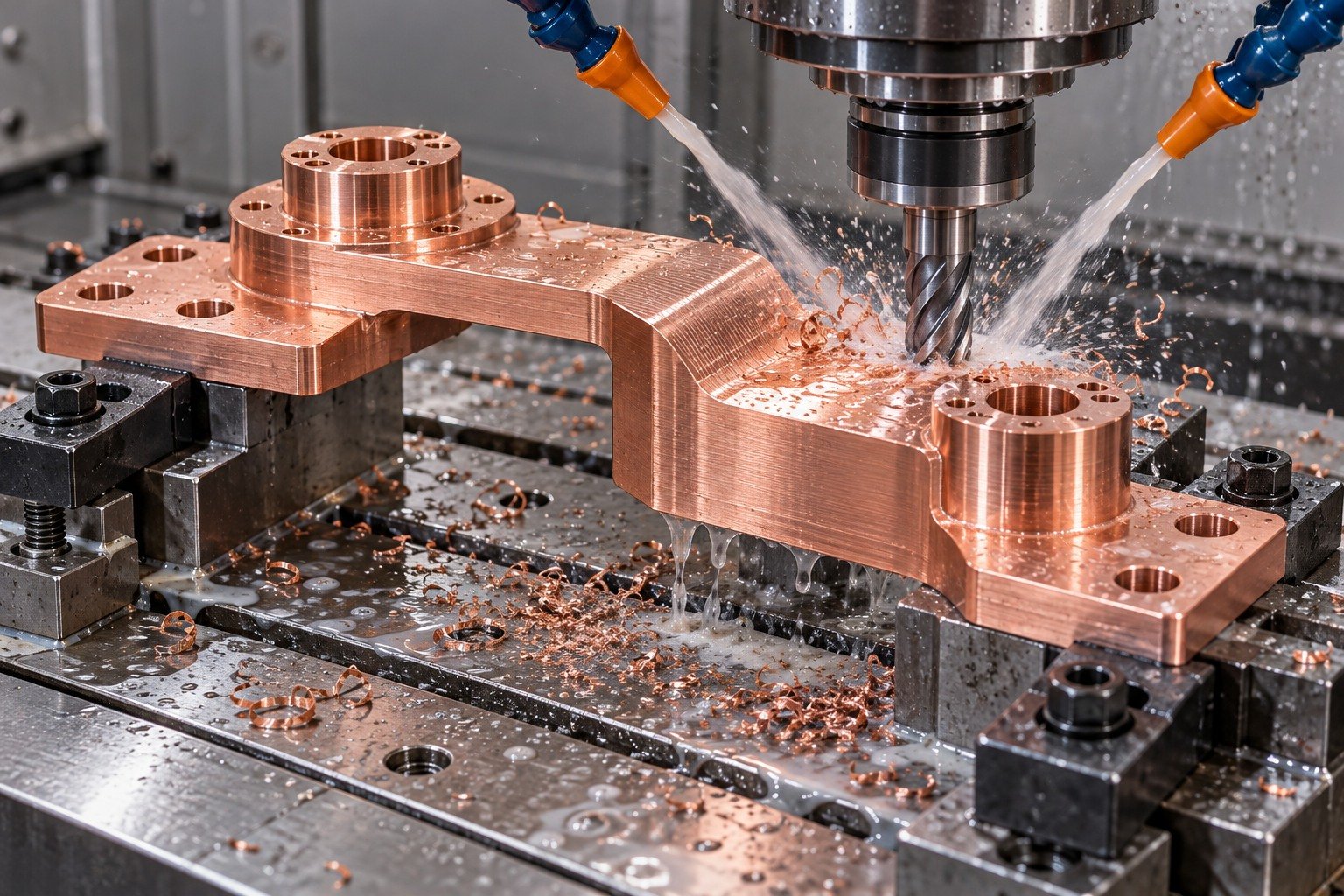 Wet CNC machining of a supported C110 copper reference offset busbar — illustrative generated component concept