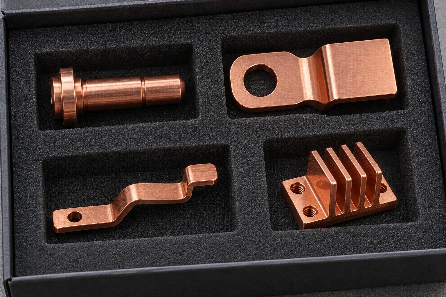 Distinct copper components packed in separate protective pockets — illustrative generated component concept