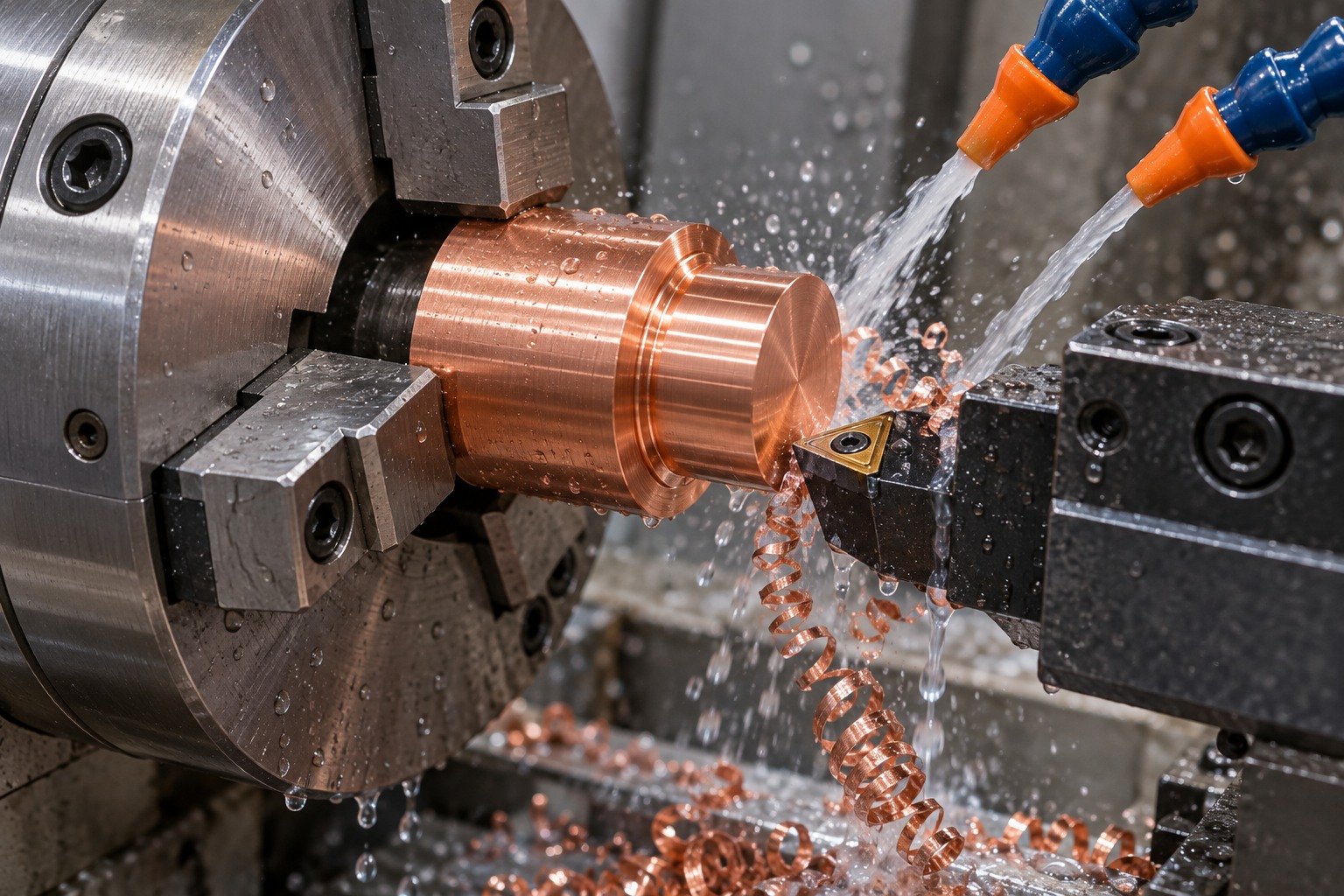 Wet CNC turning of a supported copper contact shoulder — illustrative generated component concept