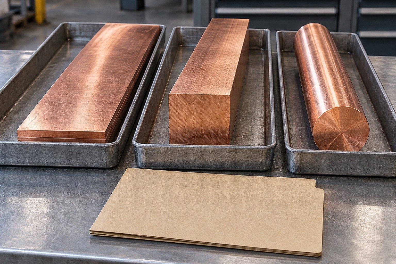 Separate copper stock forms and material-record folder — illustrative generated component concept