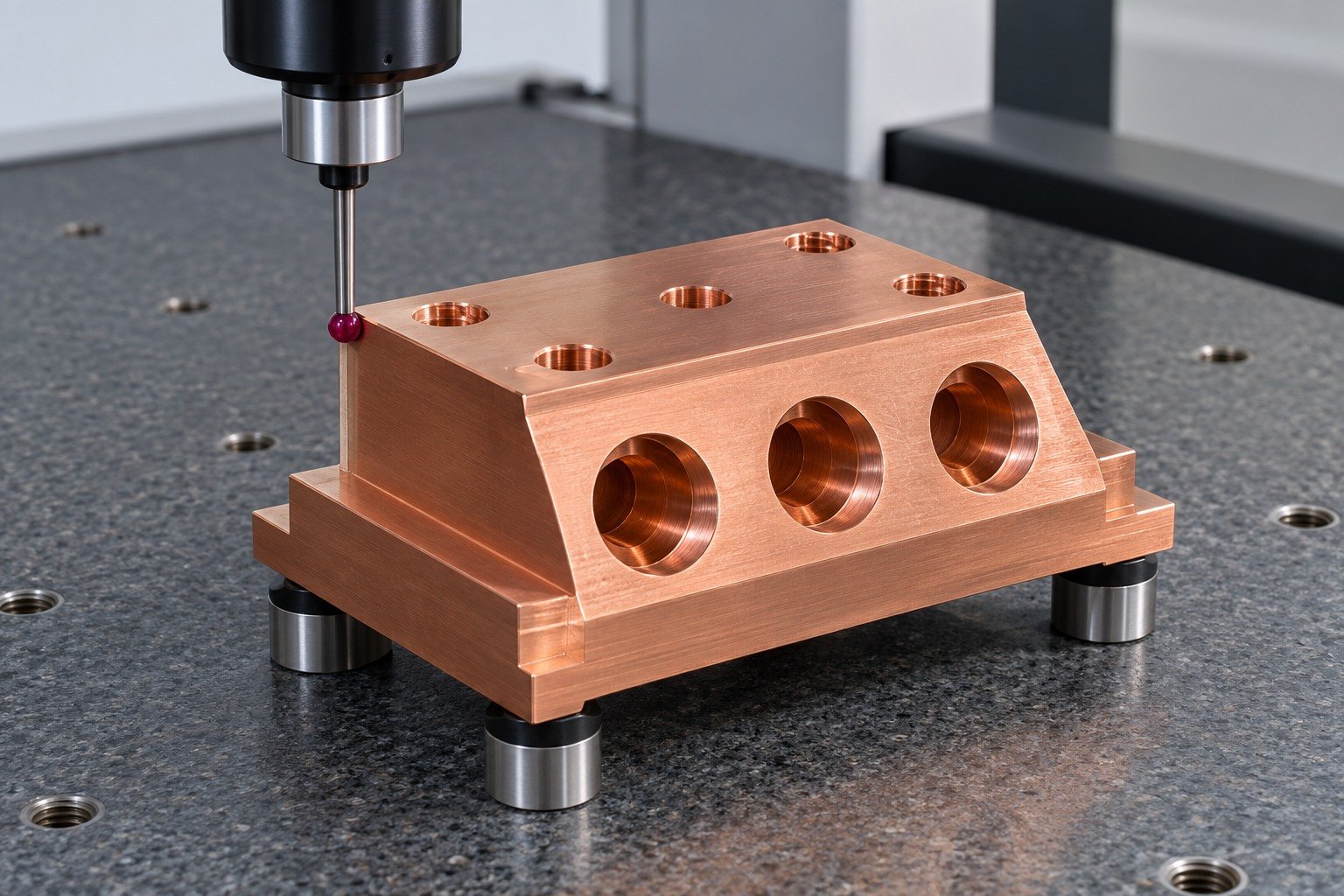 Datum inspection of a C110 copper reference trapezoid terminal block — illustrative generated component concept