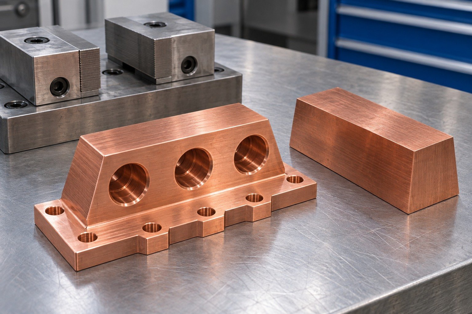 C110 copper reference trapezoid terminal block with separate stock and support fixture — illustrative generated component concept