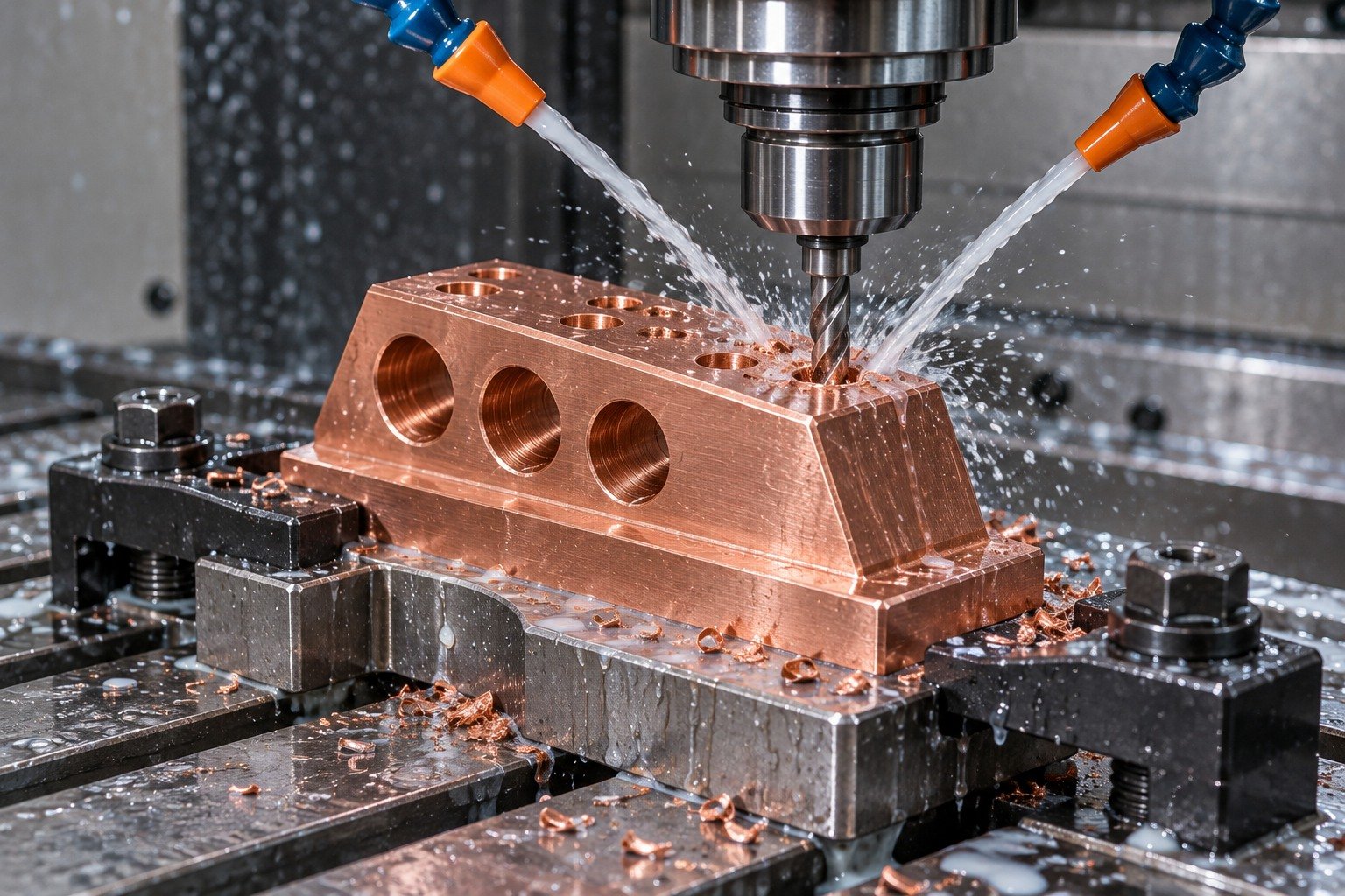 Wet CNC machining of a supported C110 copper reference trapezoid terminal block — illustrative generated component concept