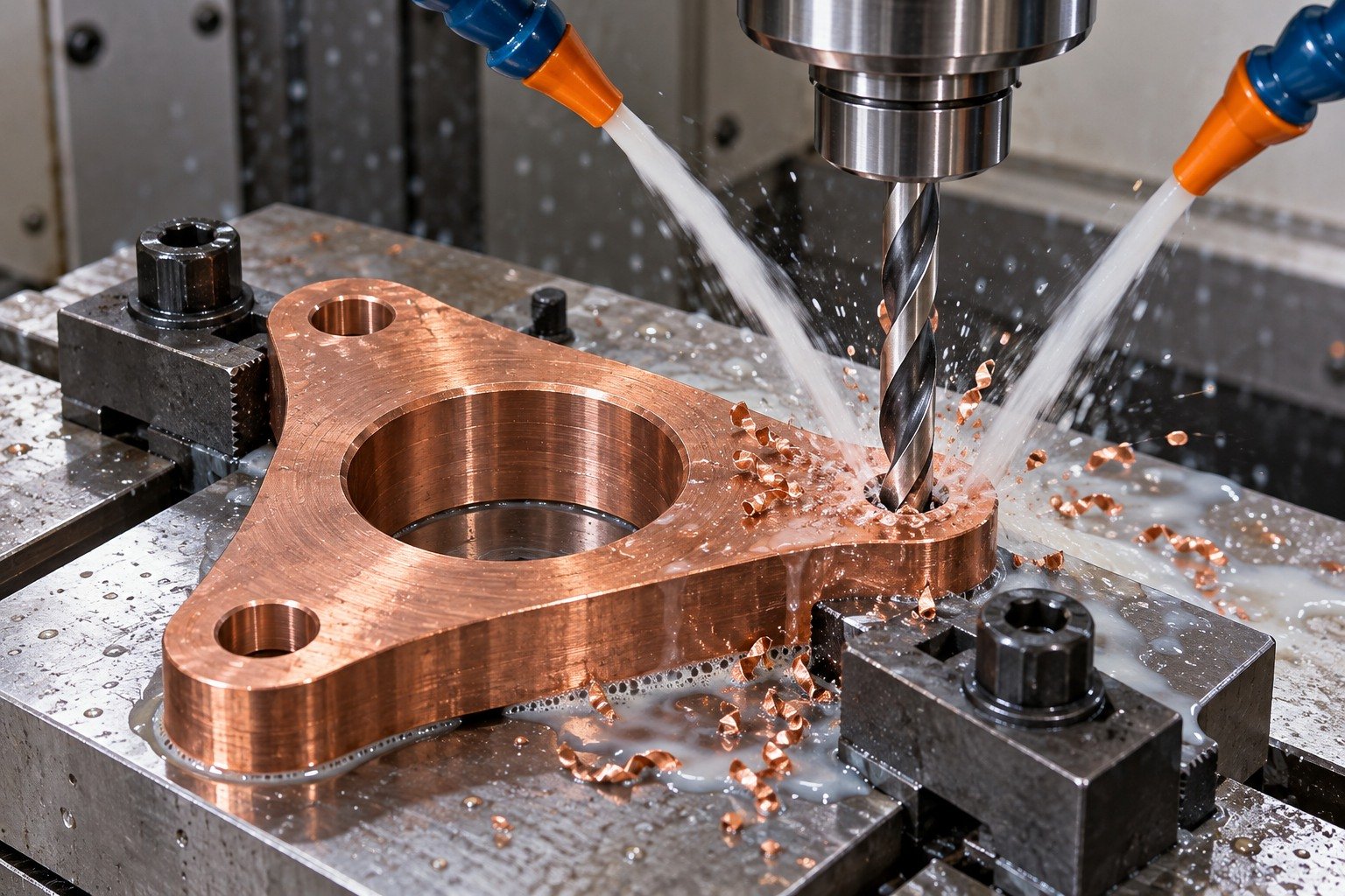 Wet mounting-hole drilling in a supported tellurium copper flange — illustrative generated component concept