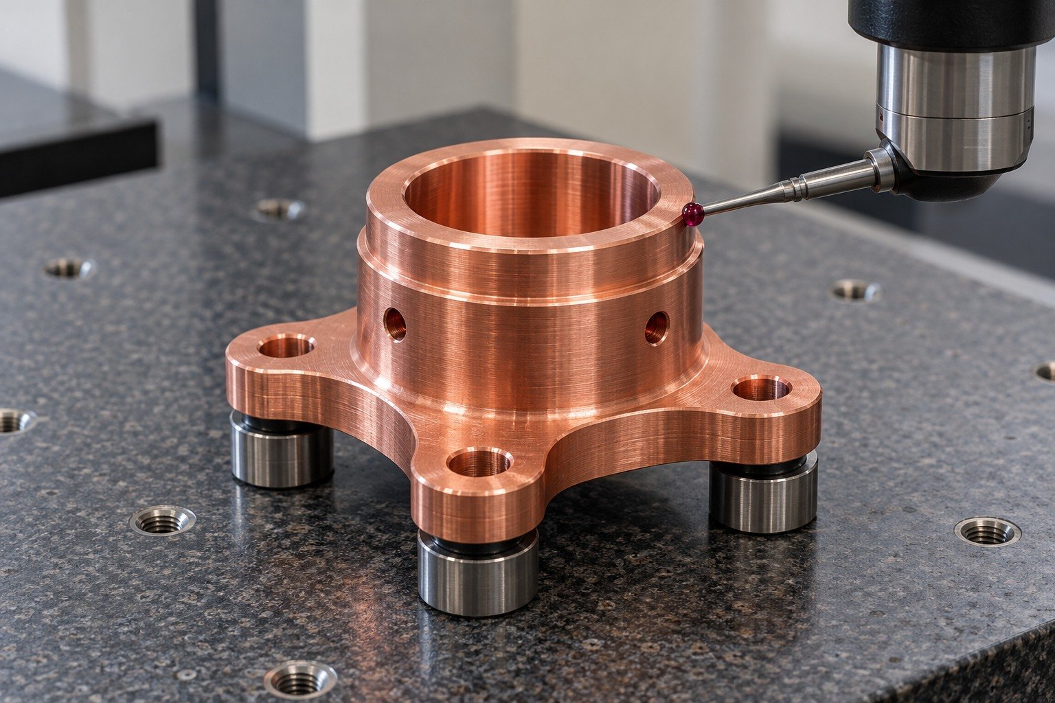 Datum inspection of tellurium copper flanged connector sleeve — illustrative generated component concept
