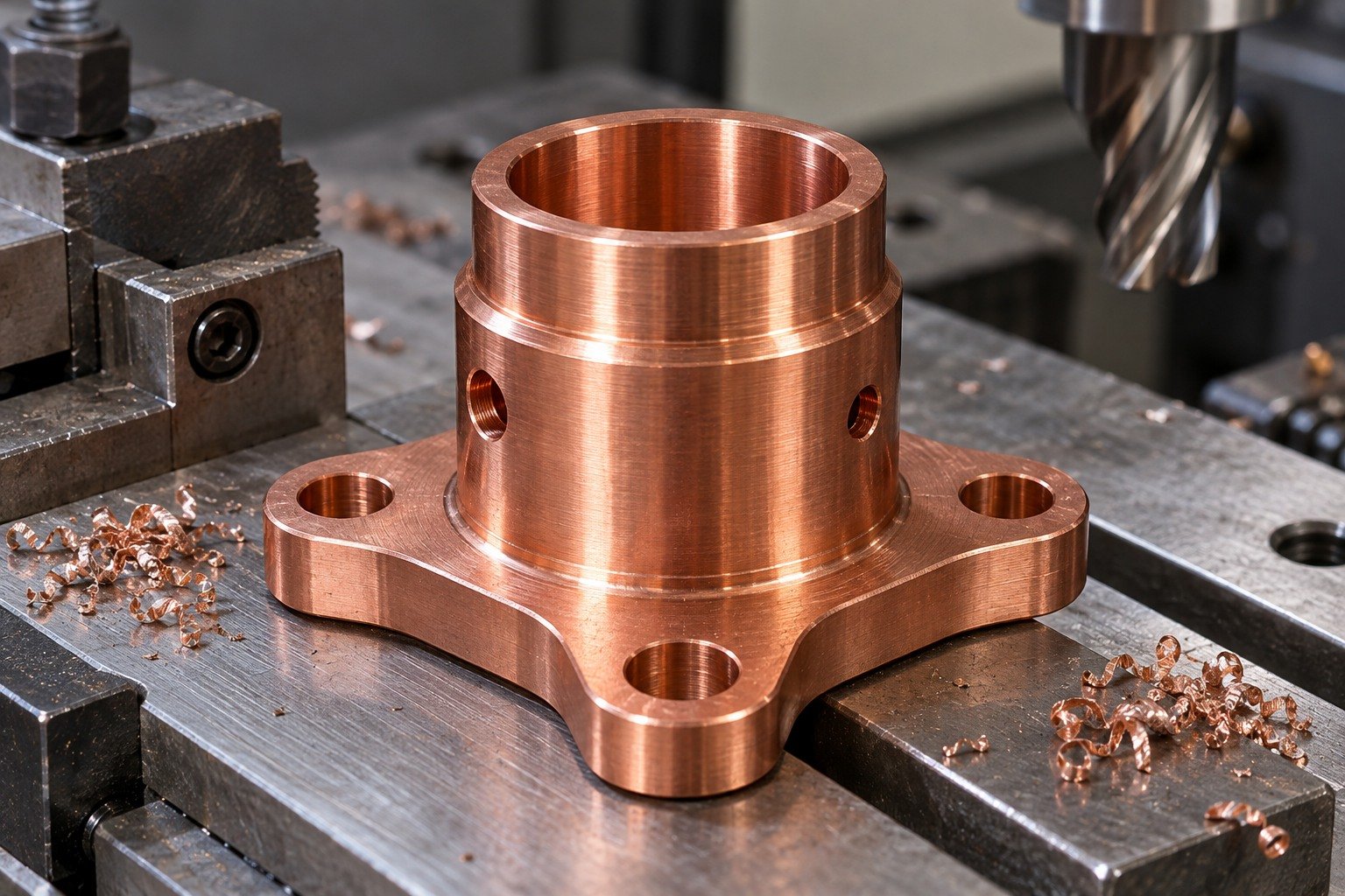 Short red copper connector sleeve with a three-lobed mounting flange, central smooth through bore, one external shoulder and two small radial access holes — illustrative generated component concept