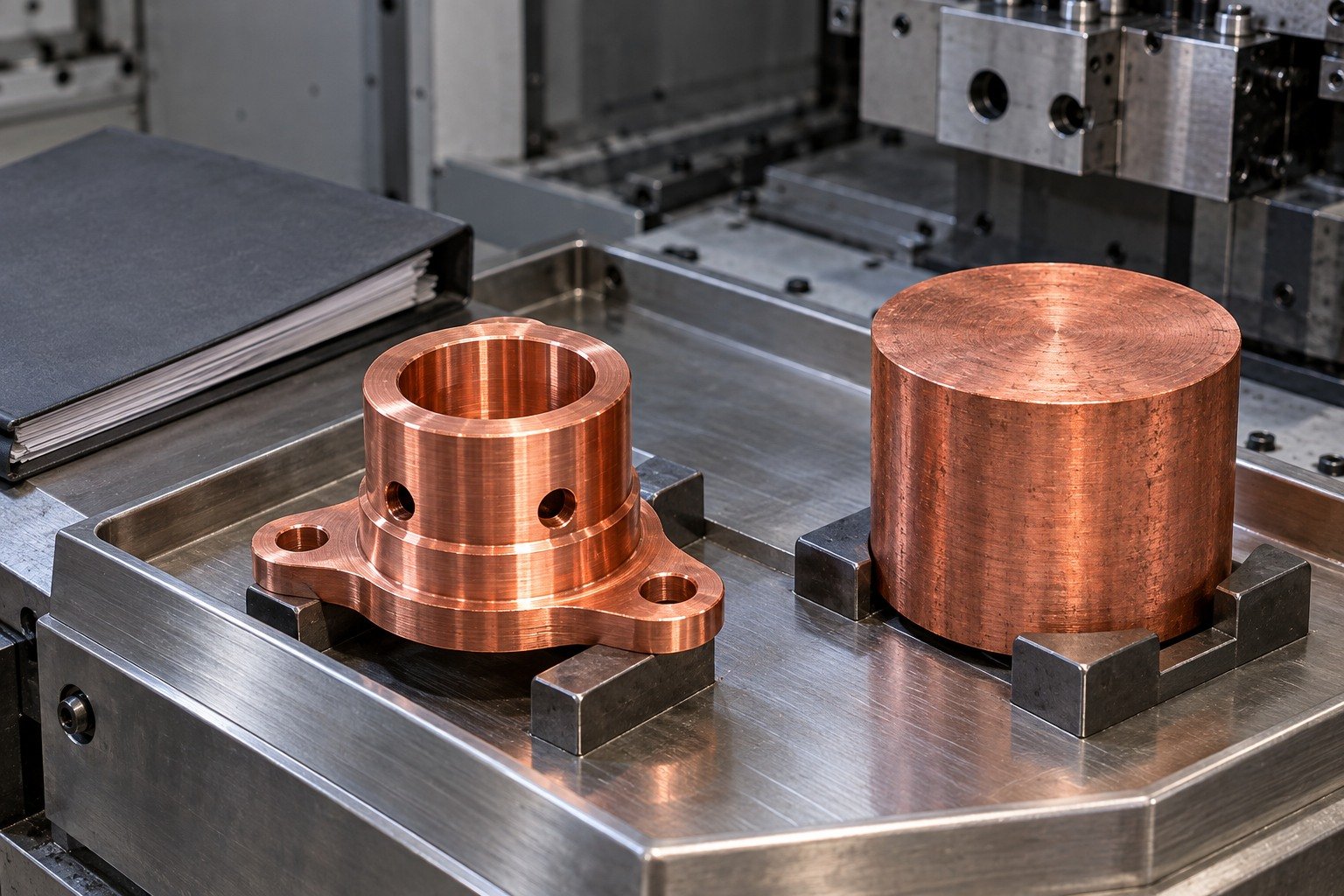 Tellurium copper flanged connector sleeve with separate stock for condition review — illustrative generated component concept