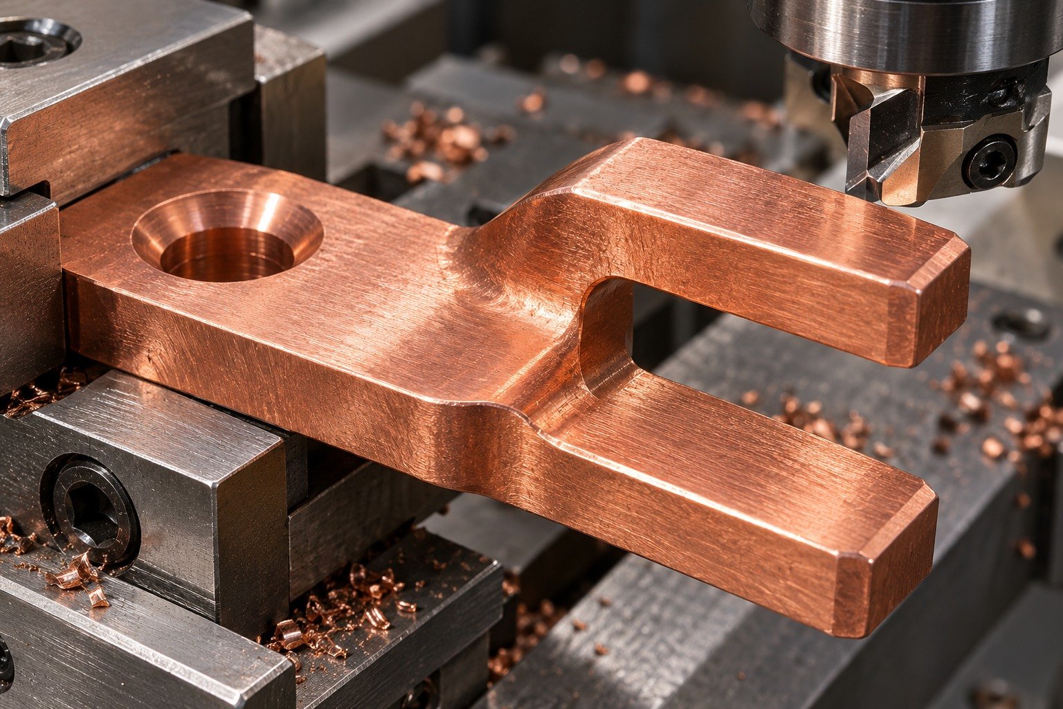 Hole and contact-edge acceptance review on a tellurium copper part — illustrative generated component concept