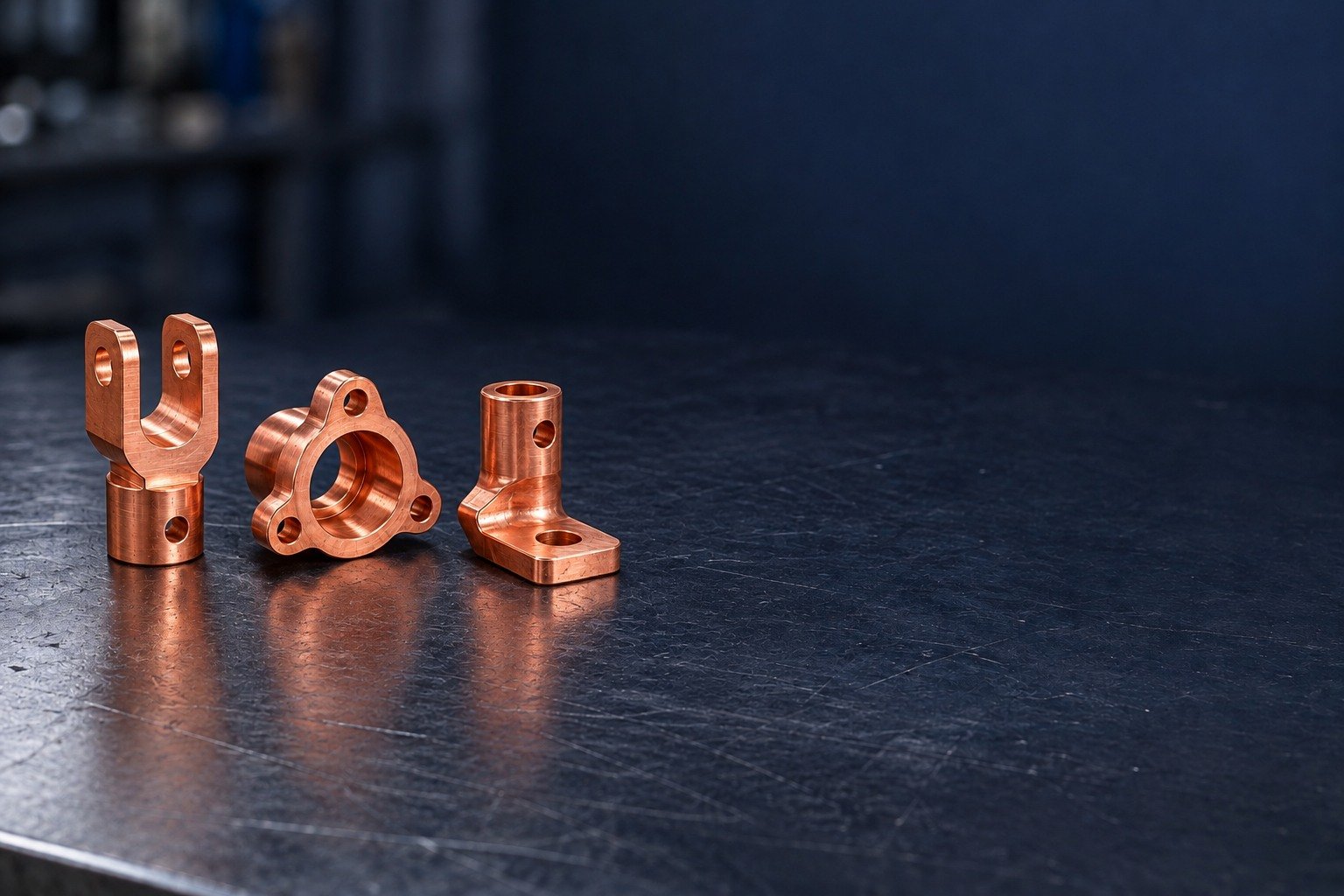 Tellurium copper forked contact, flanged sleeve and right-angle terminal concepts — illustrative generated component concept