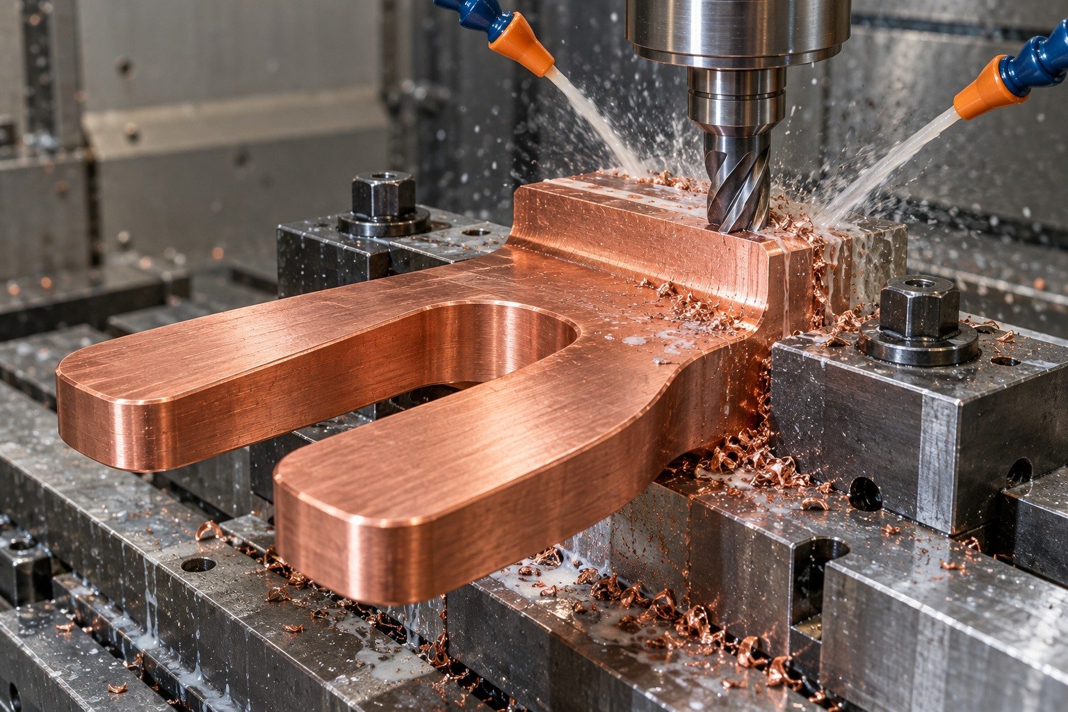 Supported wet milling of a forked tellurium copper contact — illustrative generated component concept