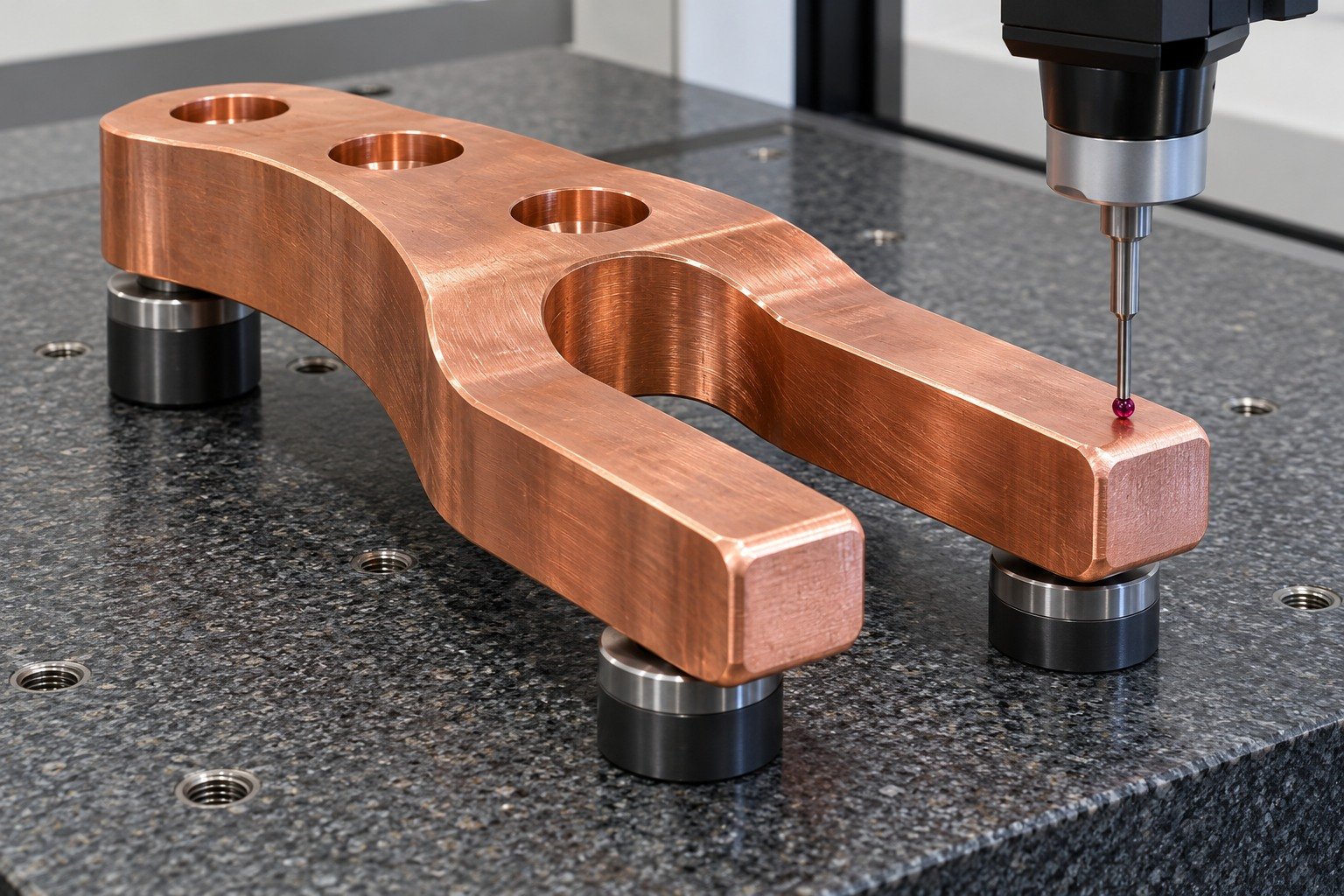 Datum inspection of tellurium copper forked contact shoe — illustrative generated component concept