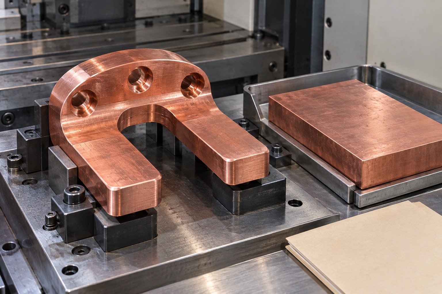 Tellurium copper forked contact shoe with separate stock for condition review — illustrative generated component concept