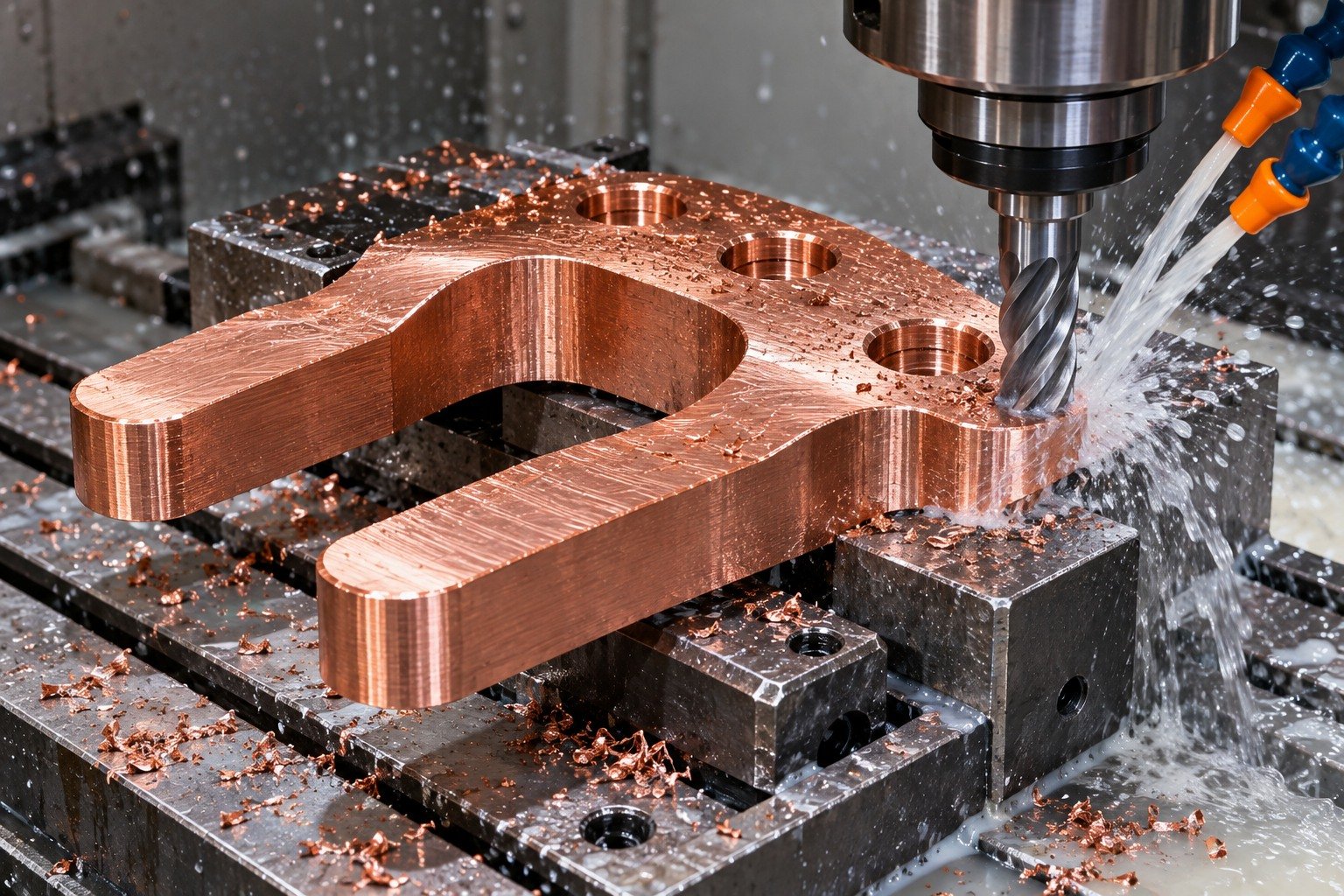 Wet supported machining of a tellurium copper forked contact shoe — illustrative generated component concept