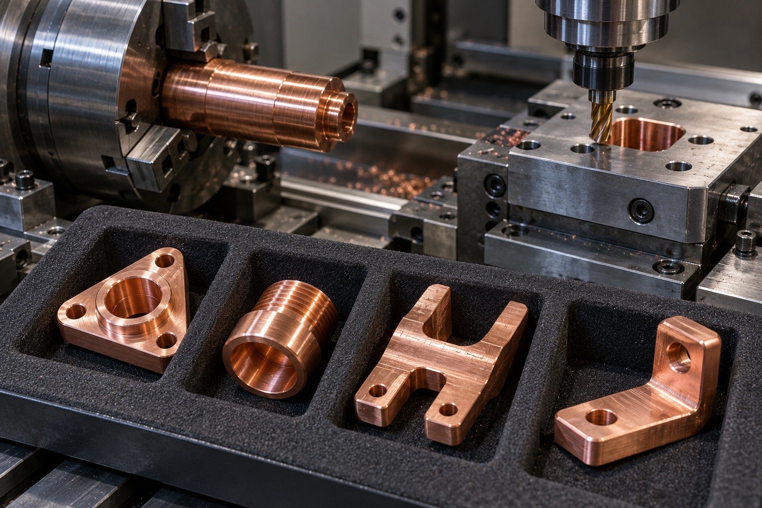 Distinct copper connectors and terminals in separate protective pockets — illustrative generated component concept