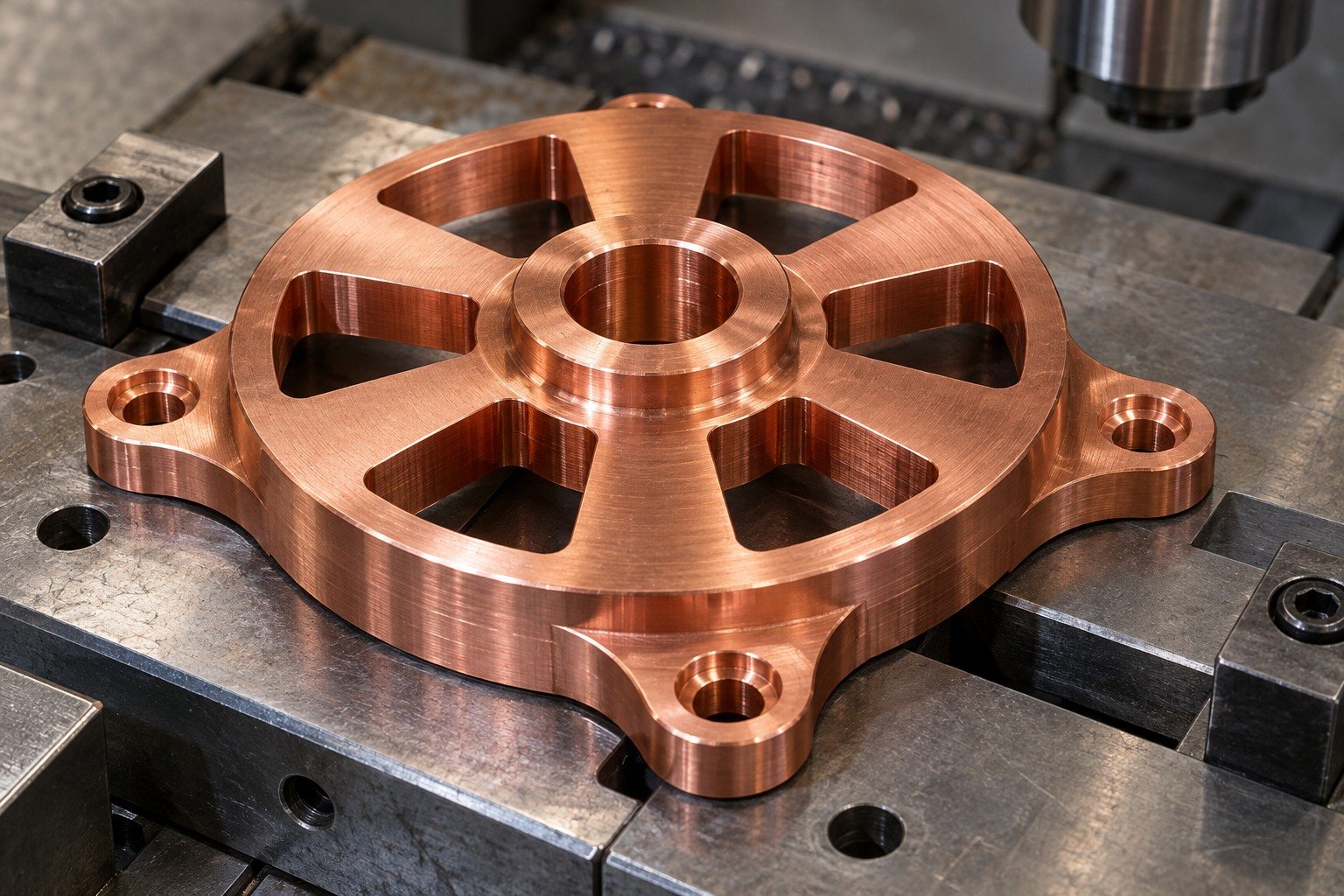 Red copper circular thermal mounting base with six broad radial open slots around a central raised boss and three counterbored mounting ears — illustrative generated component concept