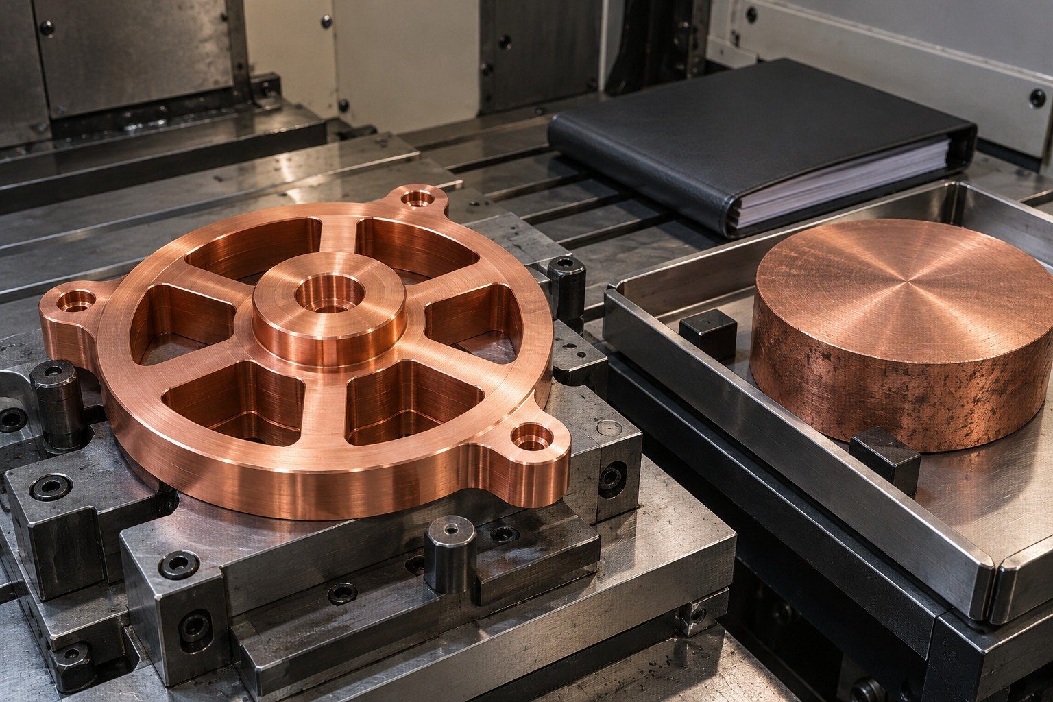 Tellurium copper radial slotted thermal base with separate stock for condition review — illustrative generated component concept
