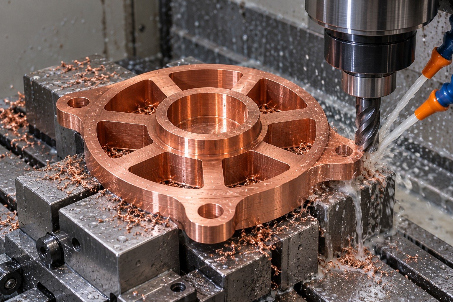 Wet supported machining of a tellurium copper radial slotted thermal base — illustrative generated component concept