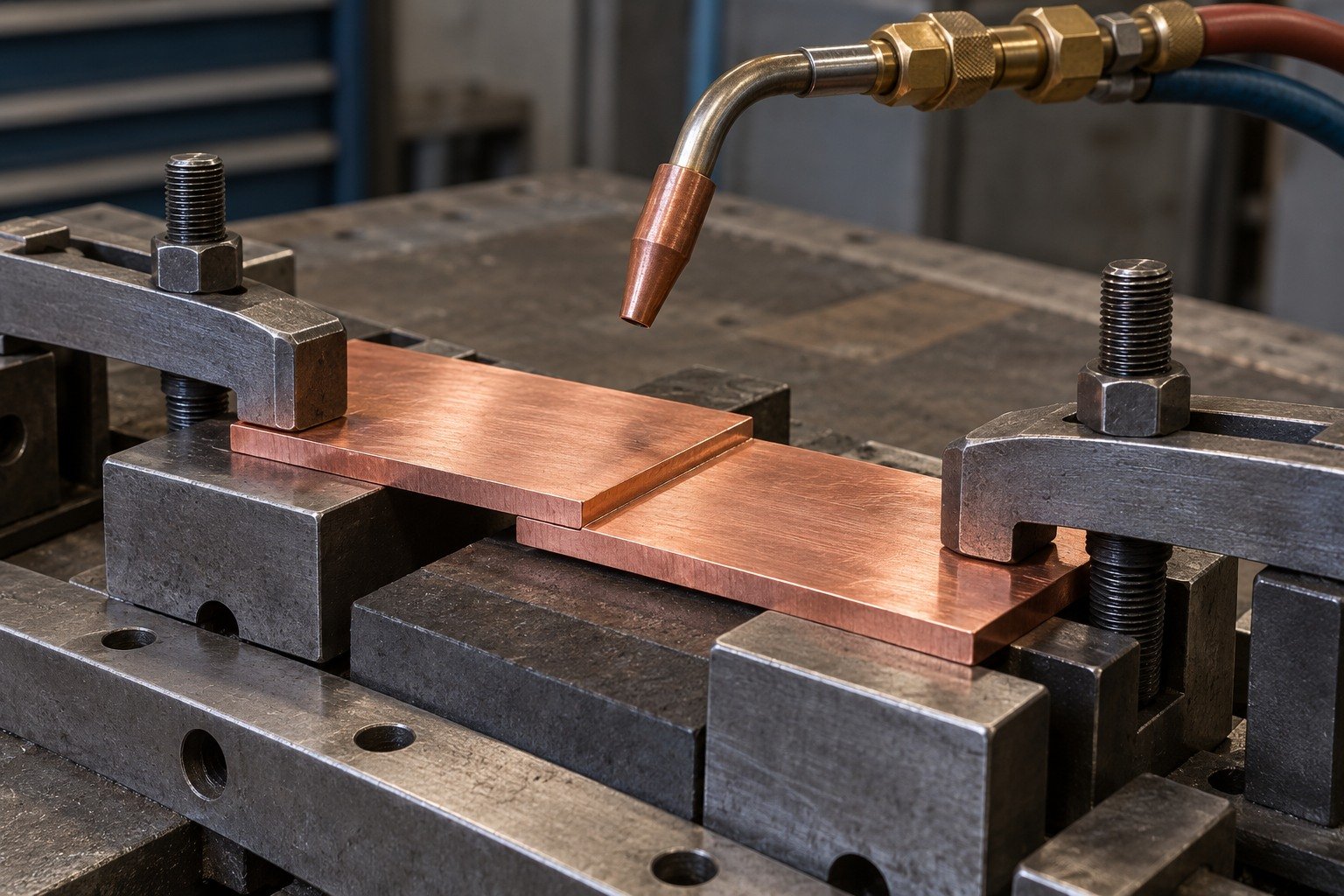 Restrained copper lap coupons prepared for joining review — illustrative generated component concept