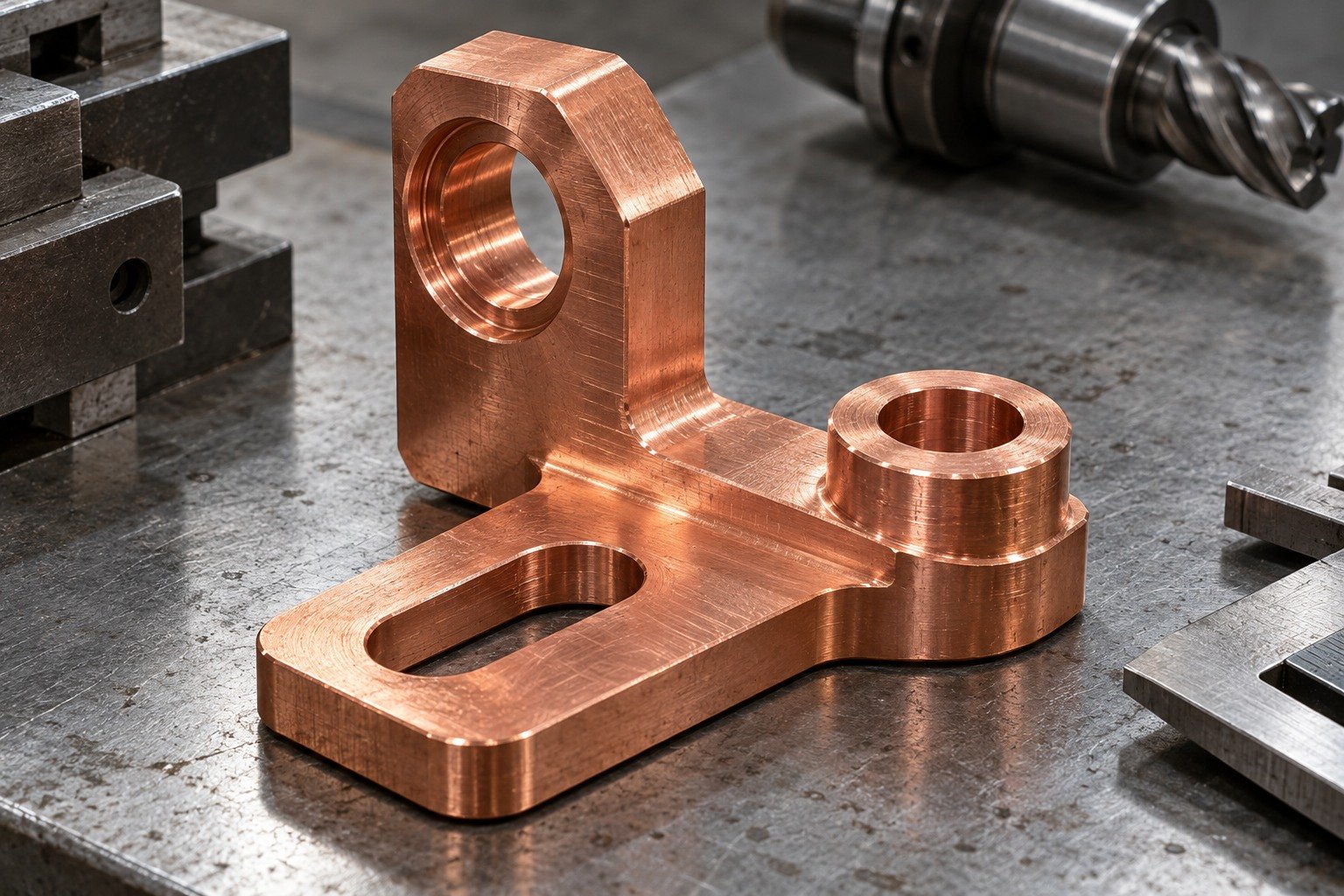 Red copper right-angle terminal link with two perpendicular thick connection lands, one oval mounting slot and two bored circular contact bosses — illustrative generated component concept