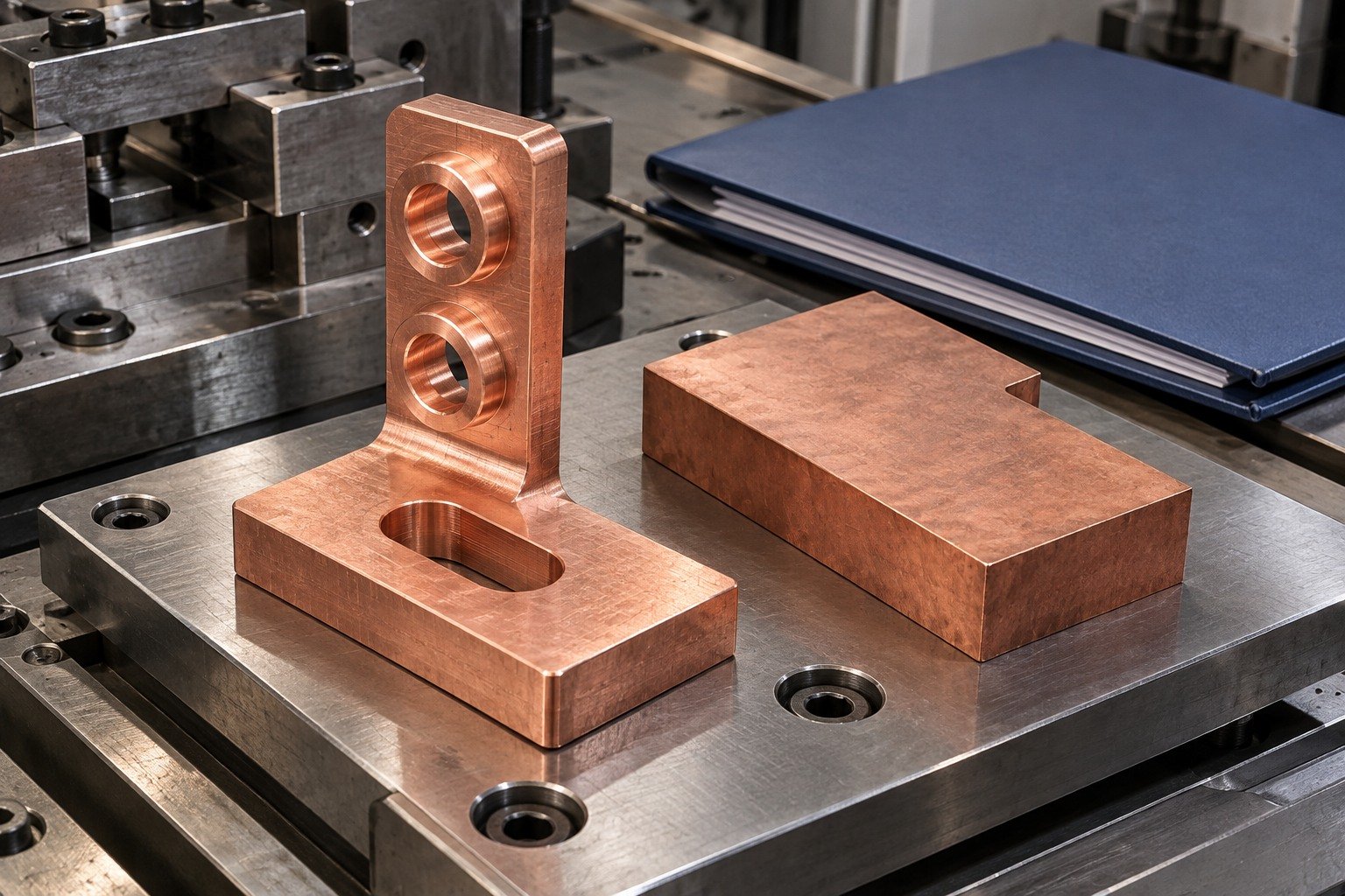 Tellurium copper right angle terminal link with separate stock for condition review — illustrative generated component concept