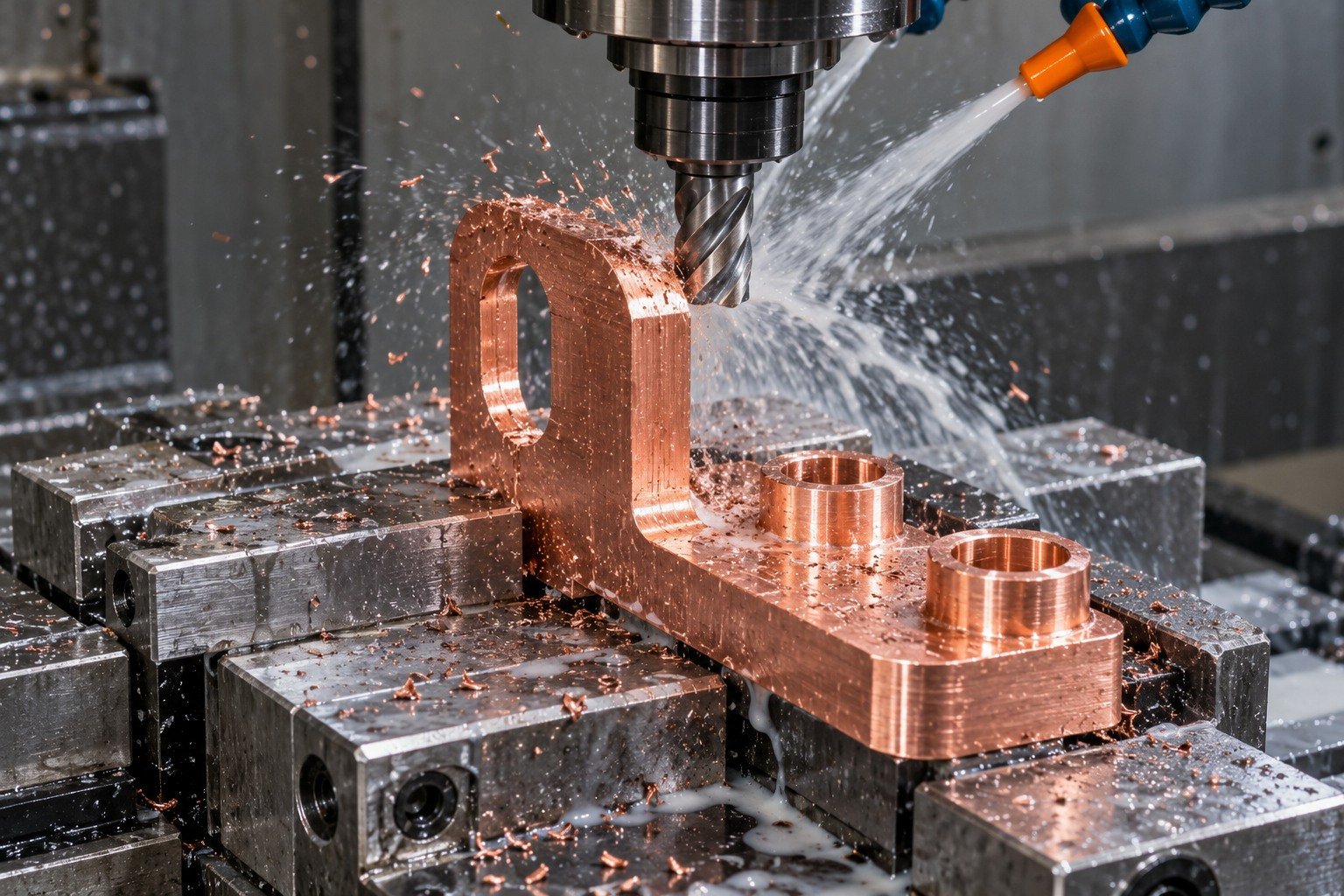 Wet supported machining of a tellurium copper right angle terminal link — illustrative generated component concept