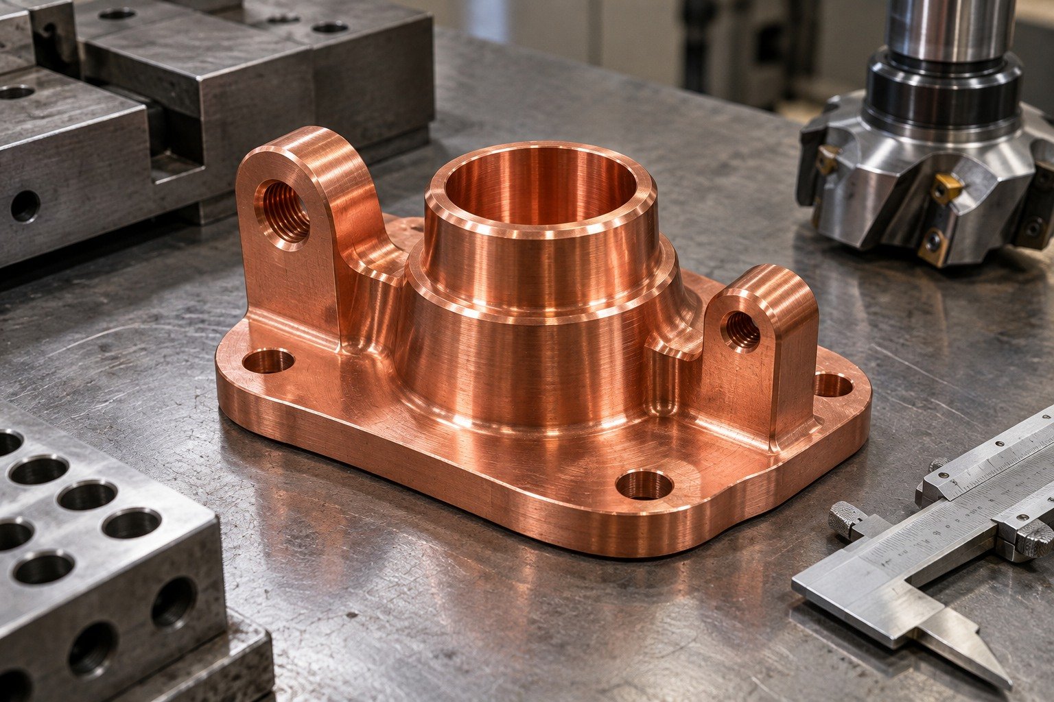 Illustrative scalloped-flange tellurium copper connector with offset side bosses
