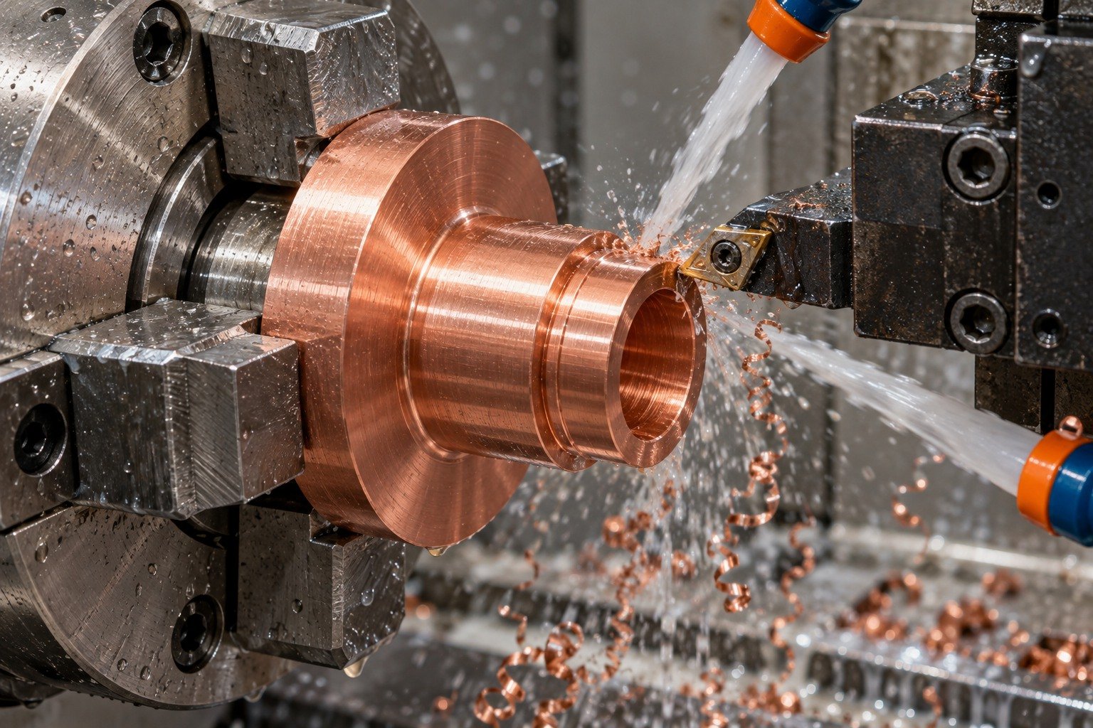 Wet turning of a tellurium copper connector shoulder — illustrative generated component concept
