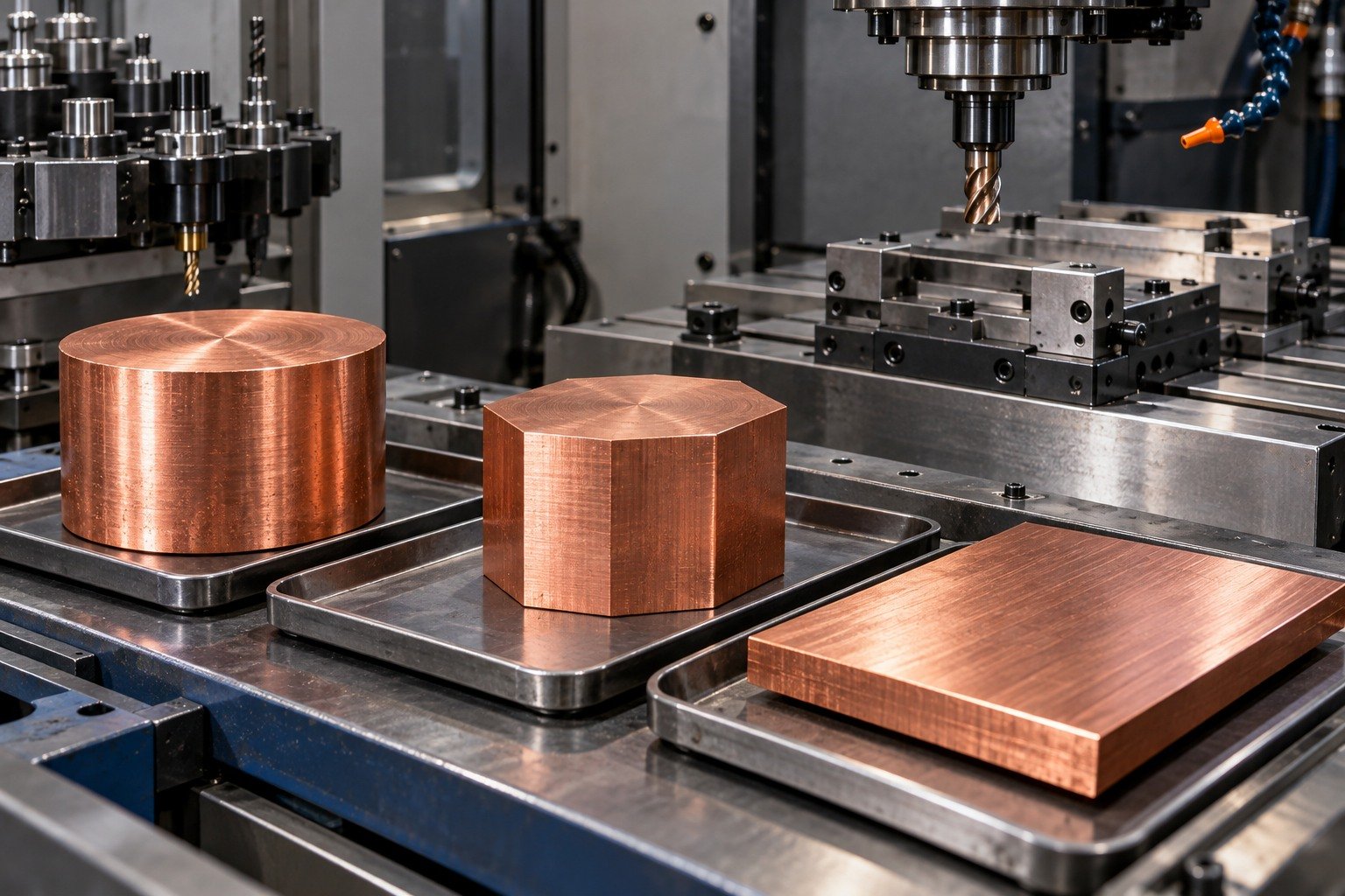 Separate copper stock forms on a receiving bench — illustrative generated component concept