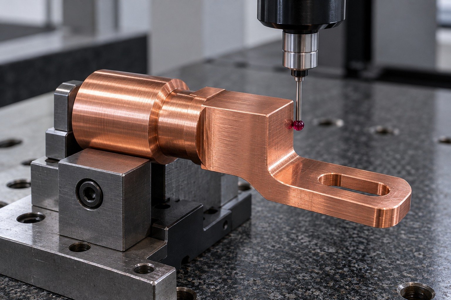 Final locating-surface inspection of a tellurium copper terminal — illustrative generated component concept