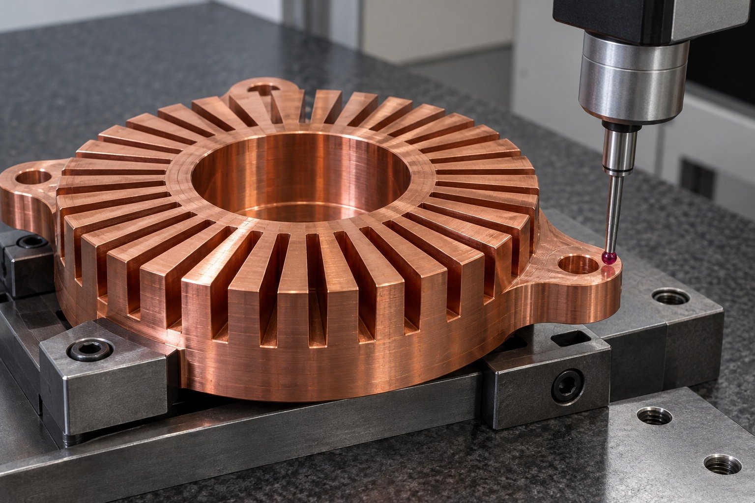 Final mounting-datum inspection of a copper thermal base — illustrative generated component concept